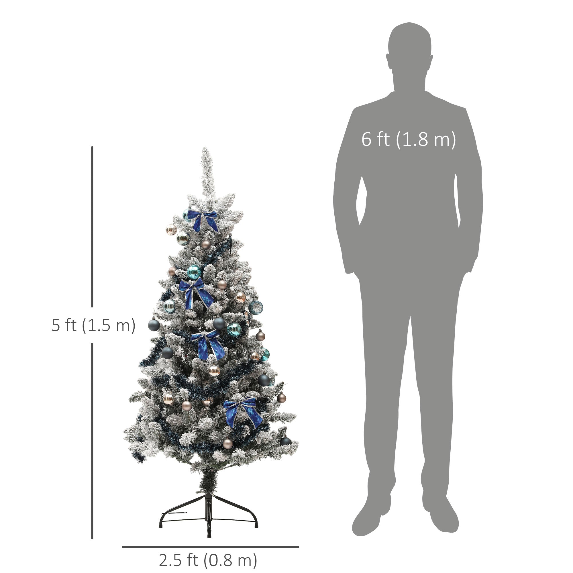 HOMCOM 5ft Artificial Prelit Christmas Tree with Warm White LED Lights and 472 Tips, Metal Stand, Xmas Tree with Blue Ornaments for Home Office Holiday