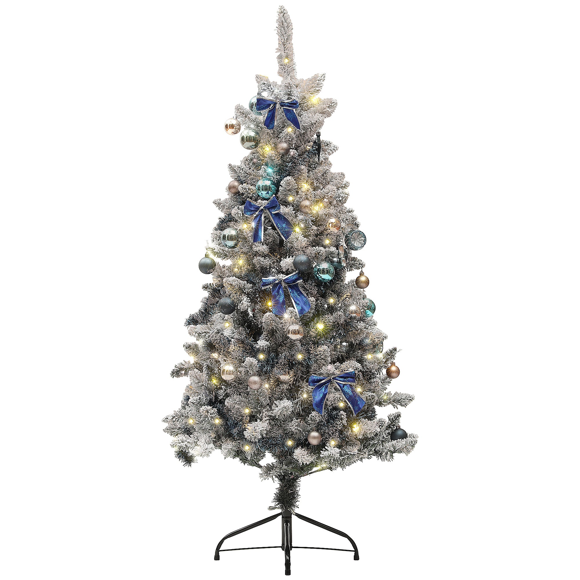 HOMCOM 5ft Artificial Prelit Christmas Tree with Warm White LED Lights and 472 Tips, Metal Stand, Xmas Tree with Blue Ornaments for Home Office Holiday