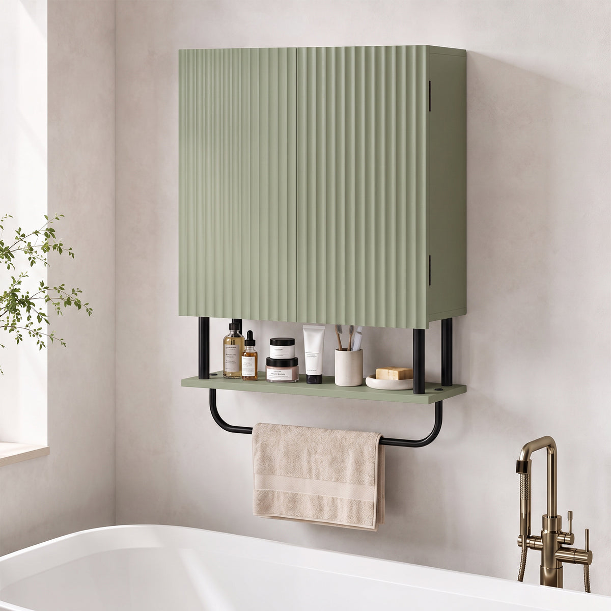 Bathroom Wall Cabinet with 2 Wavy Doors, Modern Bathroom Cabinet Wall Mounted Over Toilet with Hidden Storage and Open shelf, Towel Bar, Space Saving, Green