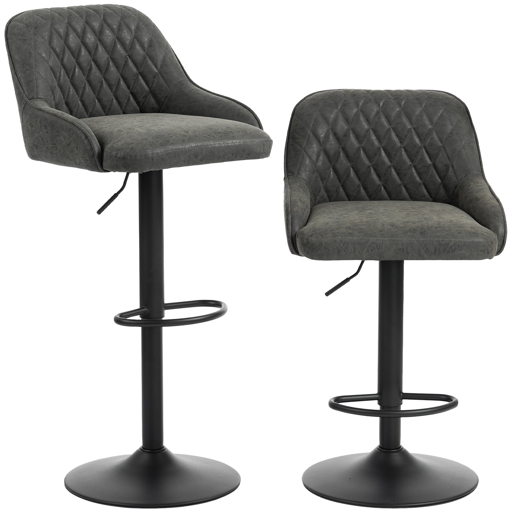 Breakfast Bar Stools Set of 2 with Wide Padded Seat, PU Leather Adjustable Swivel Bar Chairs, Modern Barstools with Footrest for Kitchen Island Counter, Home Bar, Dark Grey