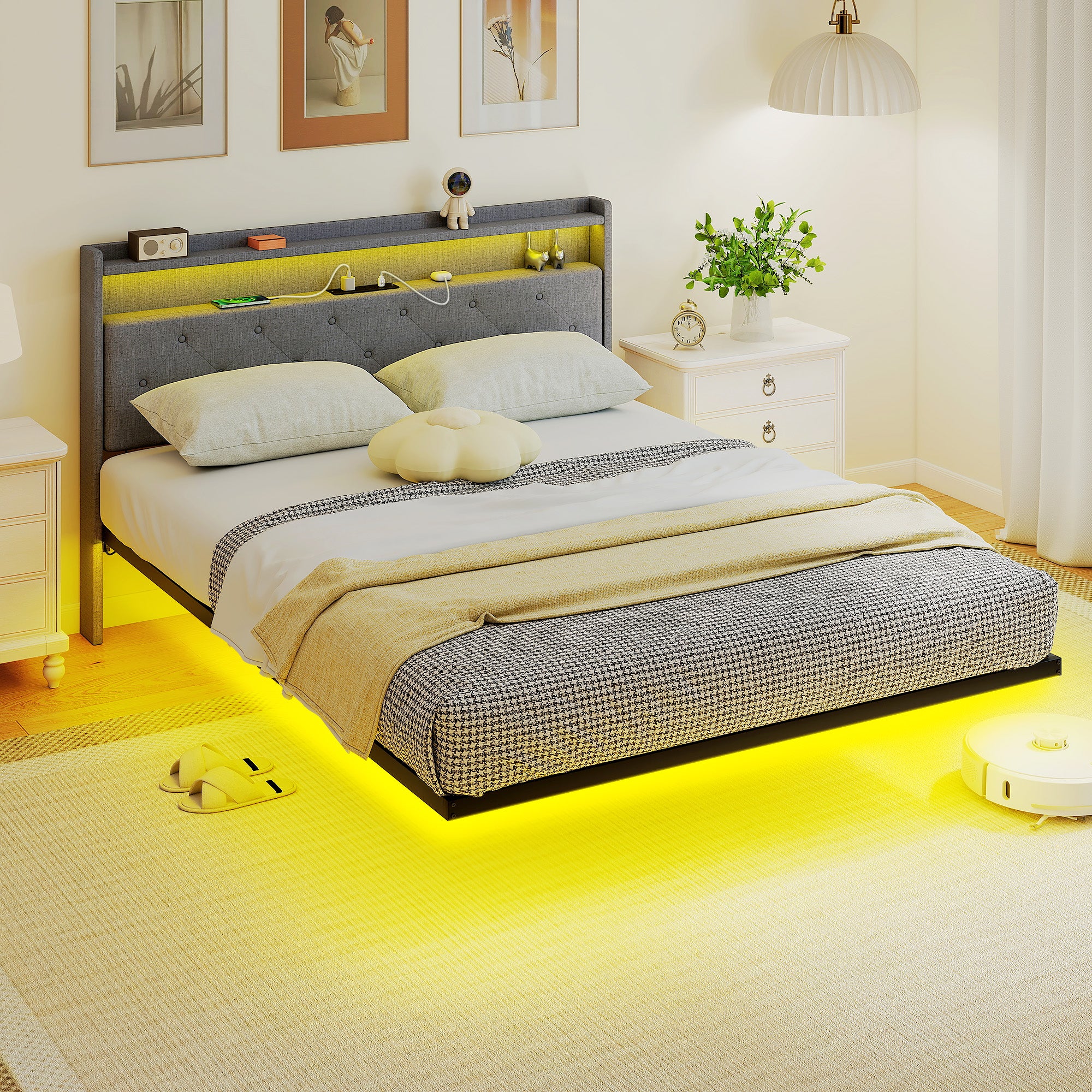 5ft King Size Bed Frame, Floating Bed Frame with Music Sync RGB LED Lights and Charging Station, Upholstered Headboard with Storage Shelves, No Box Spring Needed, Noise Free, Grey
