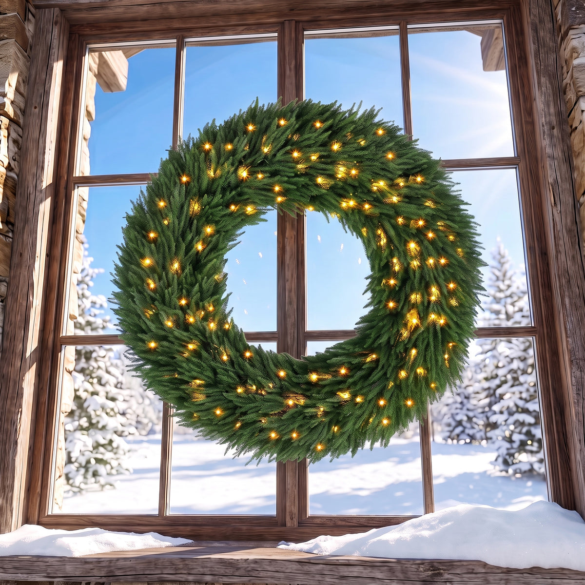 48 in Pre-Lit Norfolk Pine Artificial Christmas Wreath, Christmas Decoration with 150 LED Lights, 770 Branch Tips, All-PE Leaves for Door, Indoor Covered Outdoor, Green