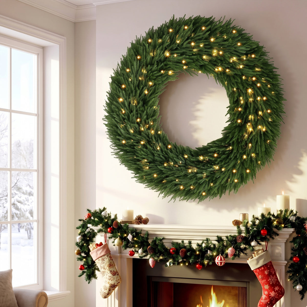 48 in Pre-Lit Norfolk Pine Artificial Christmas Wreath, Christmas Decoration with 150 LED Lights, 770 Branch Tips, All-PE Leaves for Door, Indoor Covered Outdoor, Green