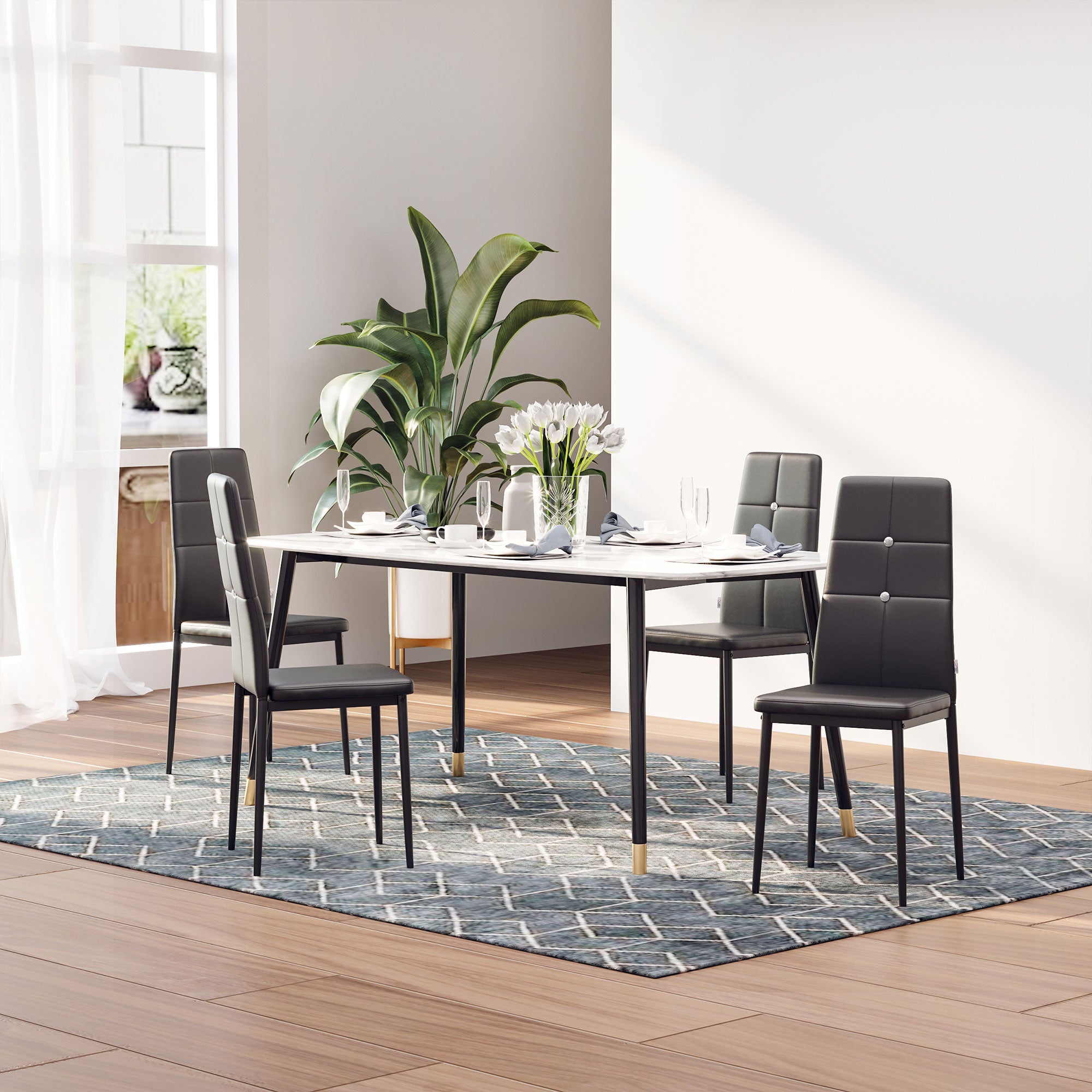 HOMCOM Modern Dining Chairs Set of 4, Upholstered Faux Leather Kitchen Chairs with Crystal Tufting and Metal Legs for Living Room, Dining Room, Bedroom, Black