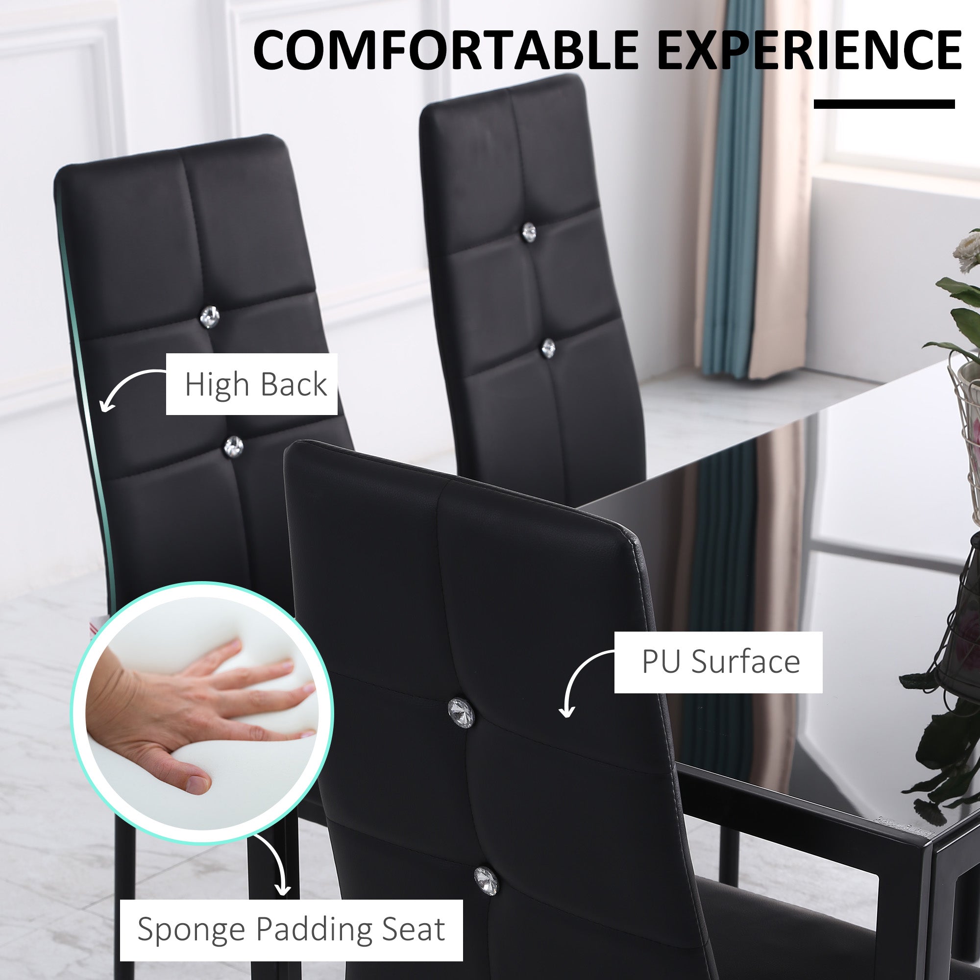 HOMCOM Modern Dining Chairs Set of 4, Upholstered Faux Leather Kitchen Chairs with Crystal Tufting and Metal Legs for Living Room, Dining Room, Bedroom, Black