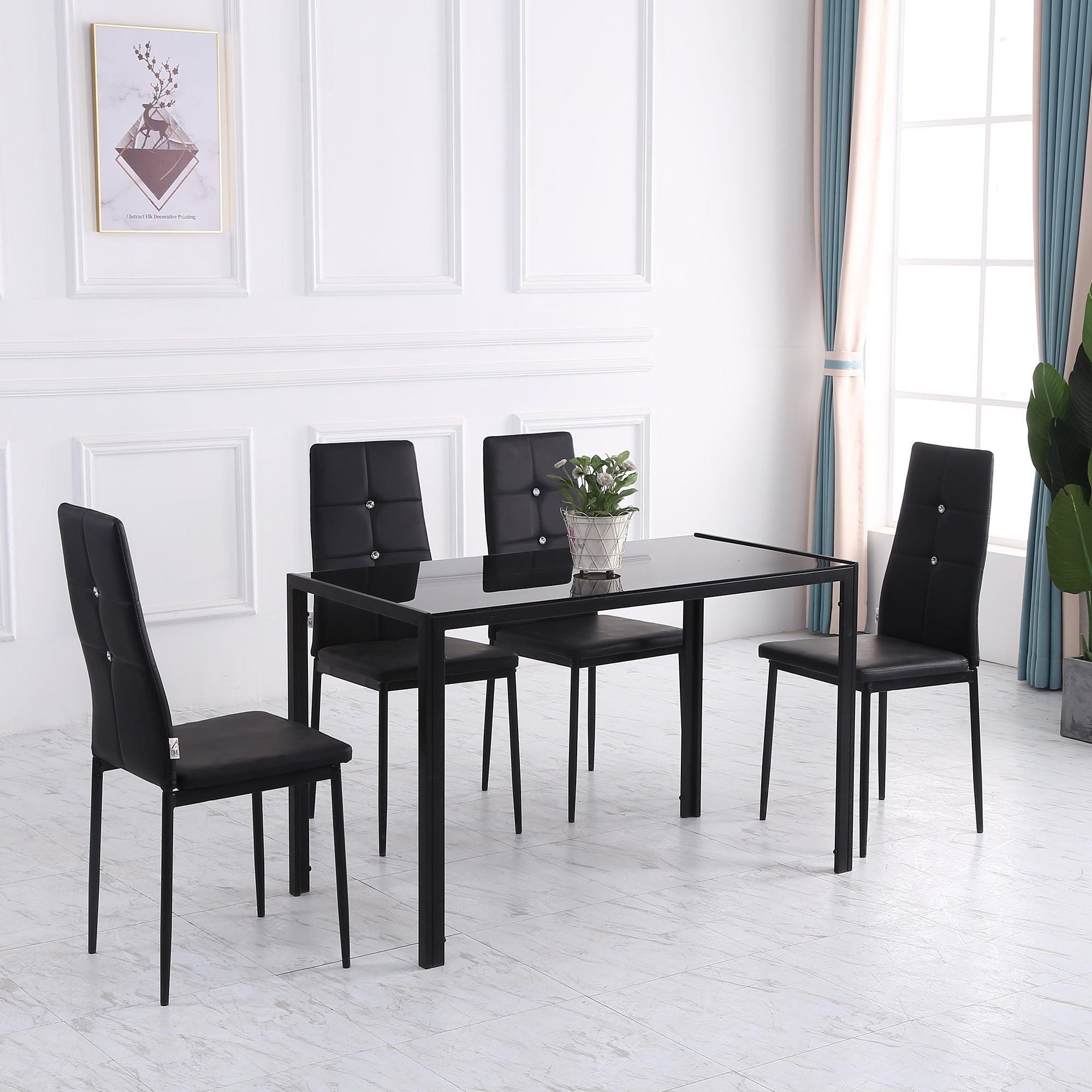 HOMCOM Modern Dining Chairs Set of 4, Upholstered Faux Leather Kitchen Chairs with Crystal Tufting and Metal Legs for Living Room, Dining Room, Bedroom, Black