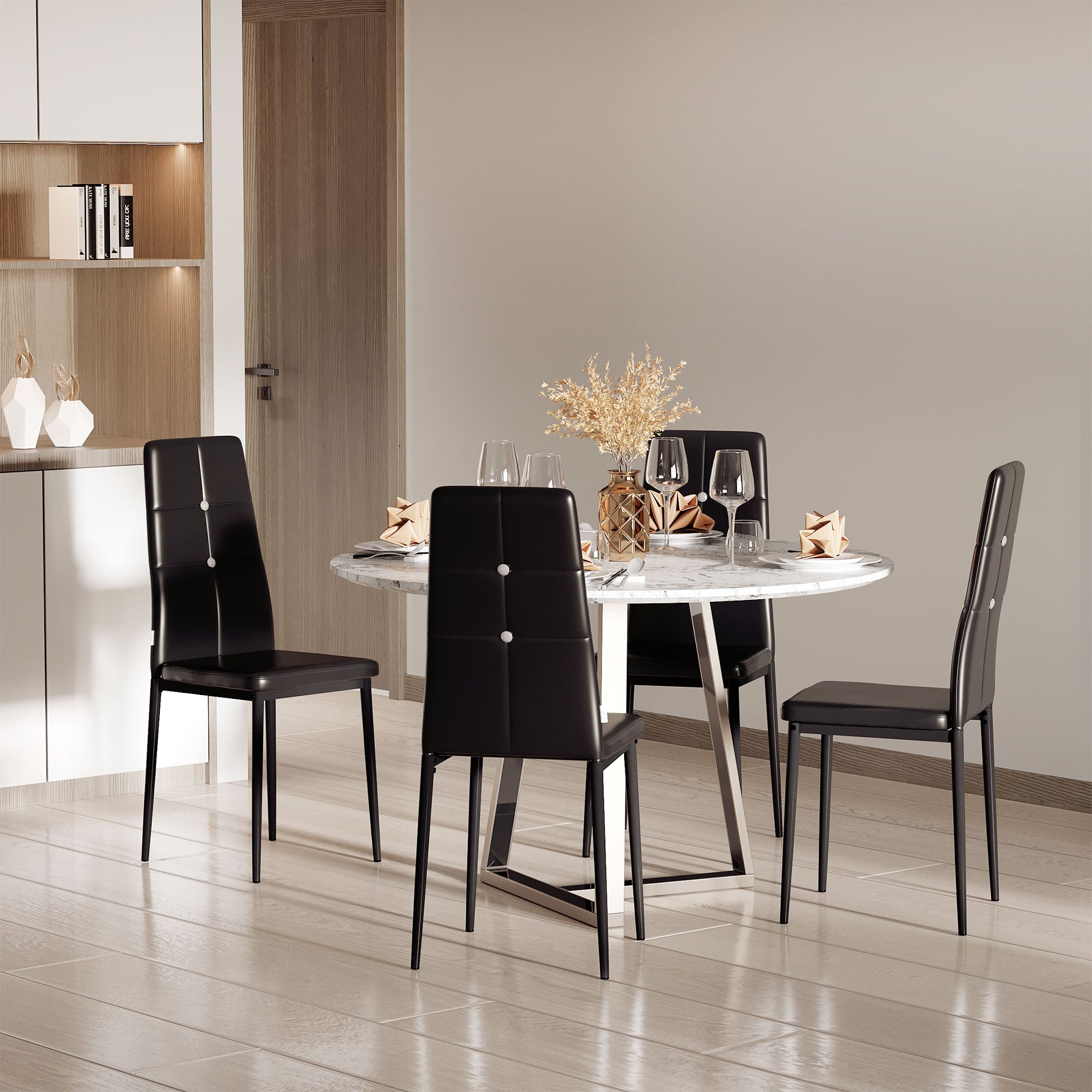 HOMCOM Modern Dining Chairs Set of 4, Upholstered Faux Leather Kitchen Chairs with Crystal Tufting and Metal Legs for Living Room, Dining Room, Bedroom, Black