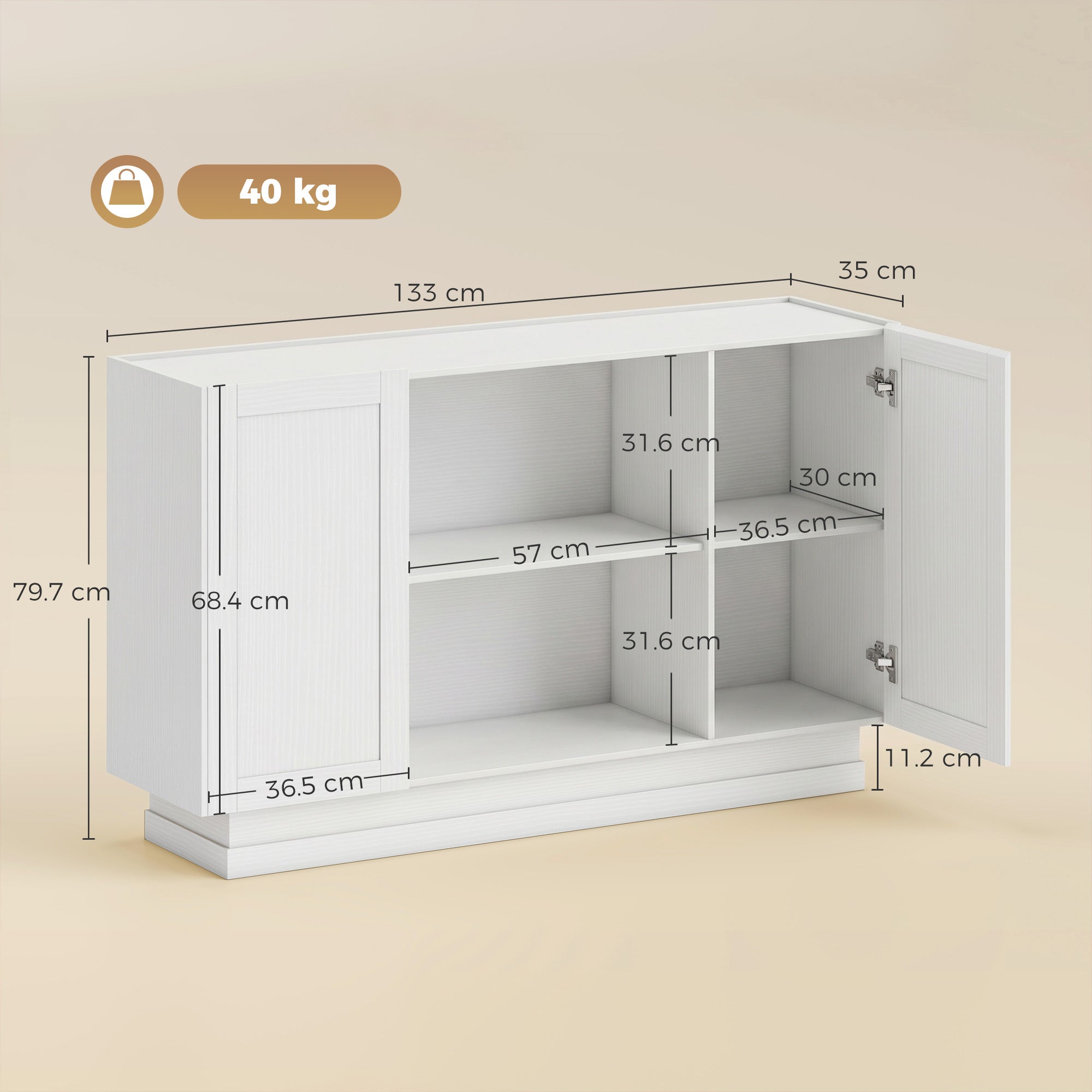 Sideboard Buffet Cabinet, 133 cm Modern Farmhouse Storage Cabinet with 2 Open Shelves, 2 Cupboards and Soft Close Doors for Dining Room, Living Room, White