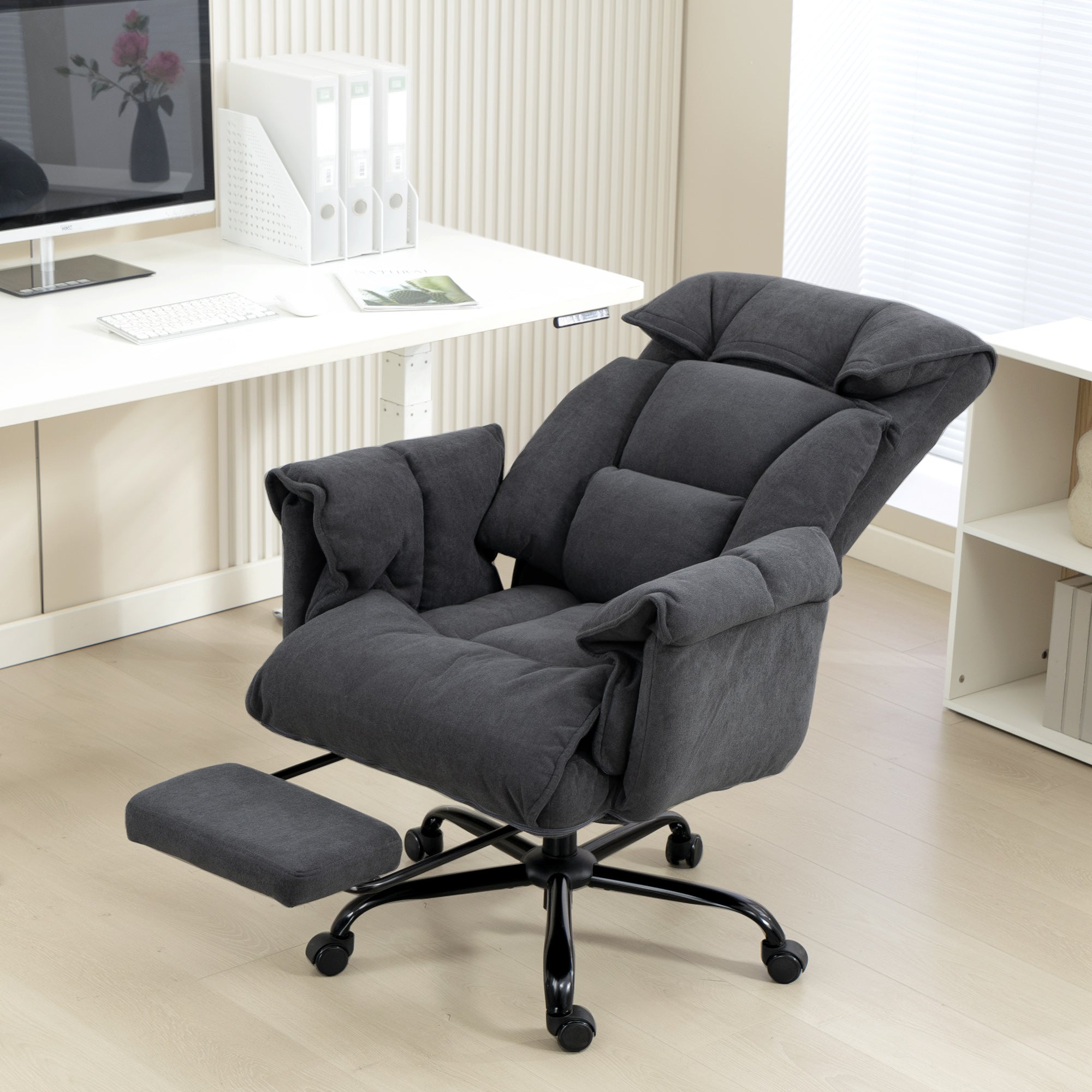 Executive Office Chair with Footrest, Reclining Swivel Computer Desk Chair with High Back, Thick Cushion, Padded Armrest, Adjustable Height, Rolling Wheels, Dark Gray