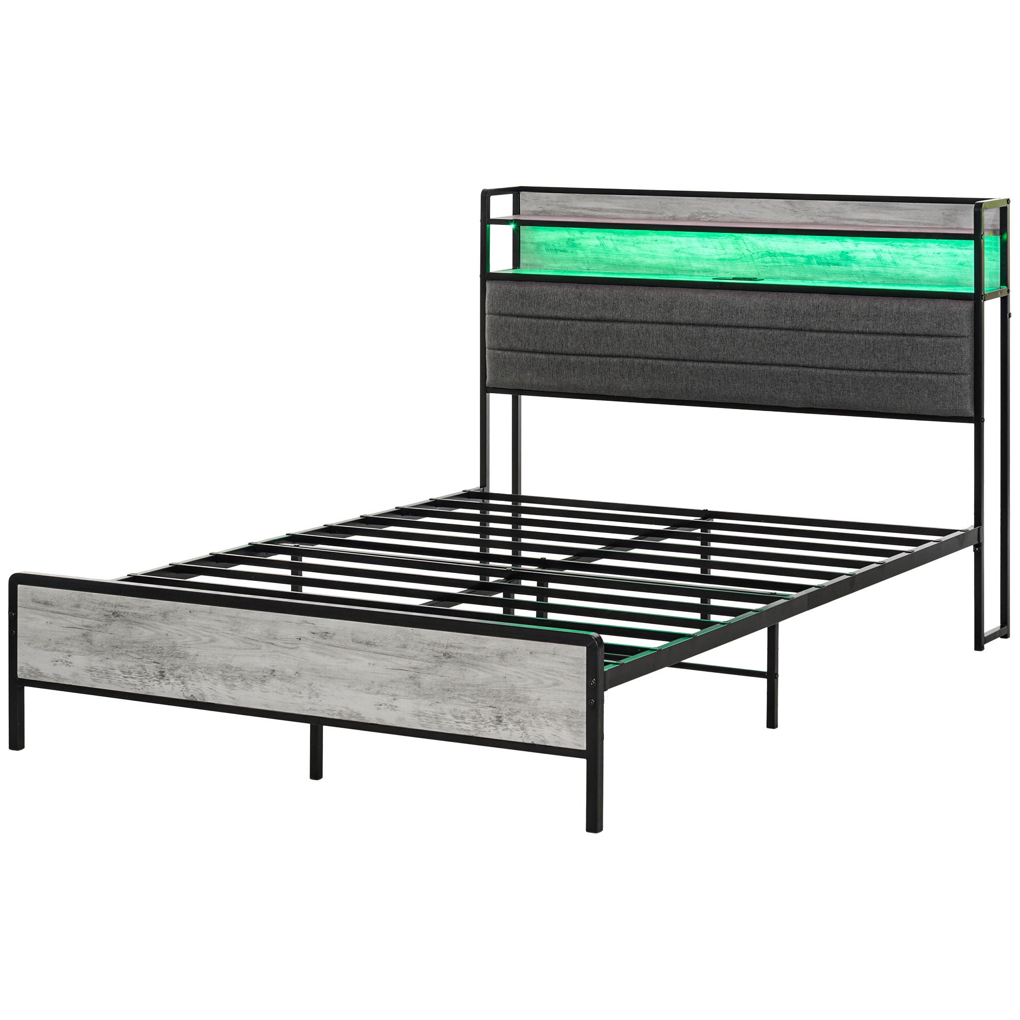 Full Bed Frame with Upholstered Headboard LED Lights Charging Station Cement Gray