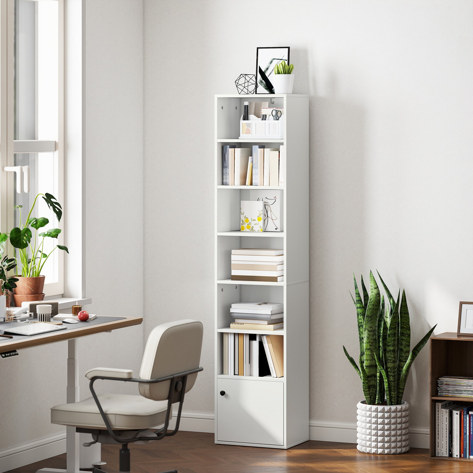 7-Tier Bookcase with Adjustable Shelf, Modern Freestanding Display Shelf Unit with Cabinet for Living Room, Office, White