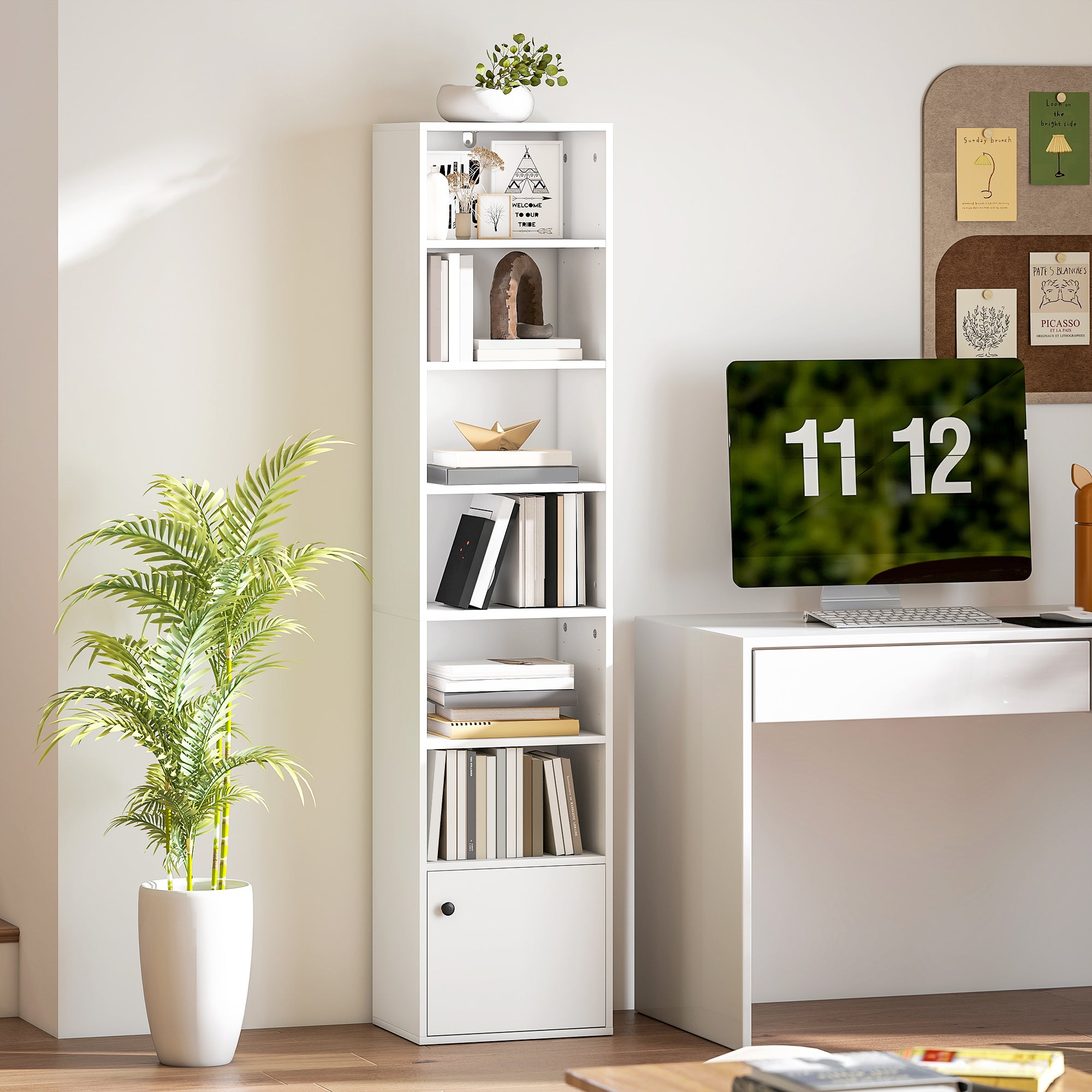 7-Tier Bookcase with Adjustable Shelf, Modern Freestanding Display Shelf Unit with Cabinet for Living Room, Office, White