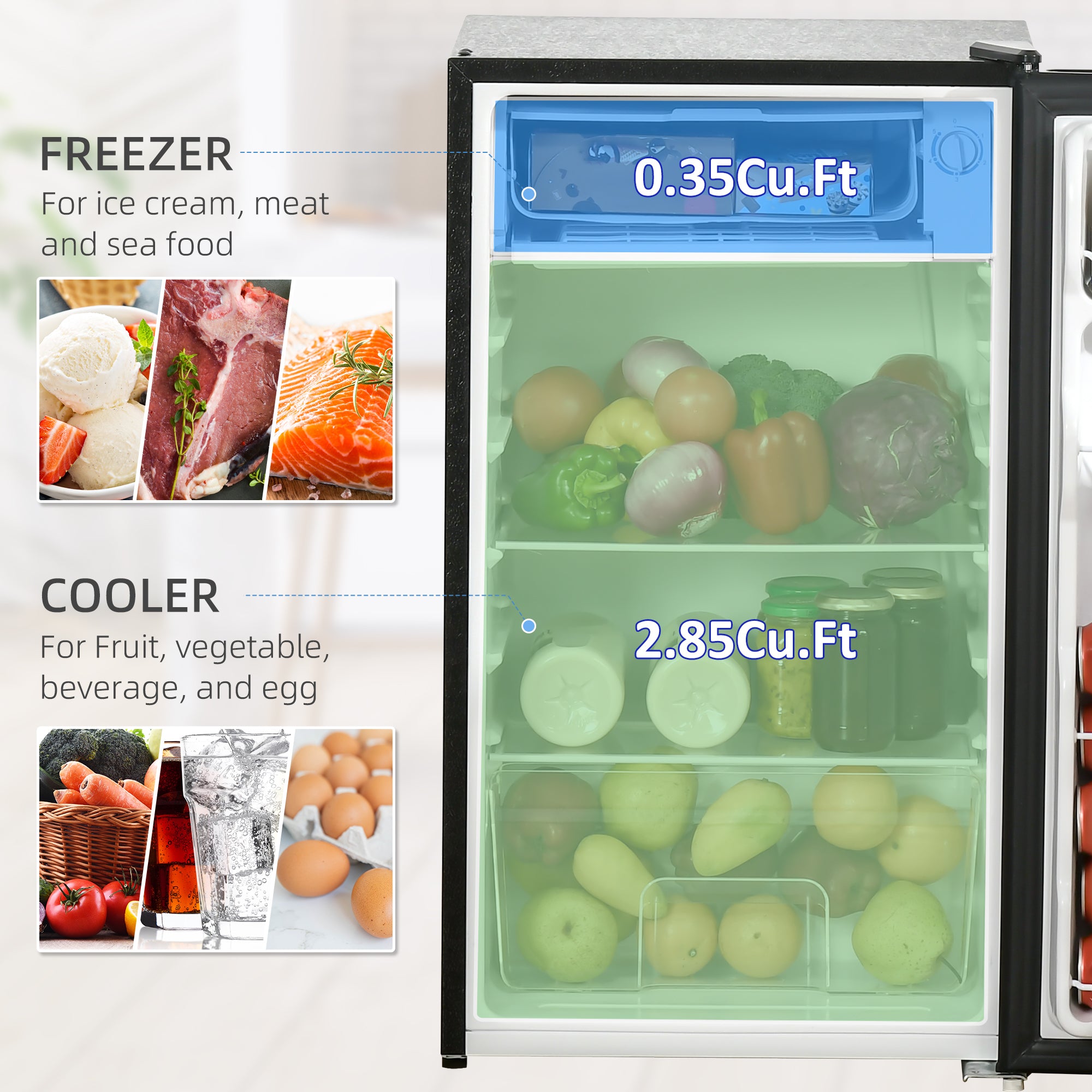 HOMCOM Mini Fridge with Freezer, 3.2 Cu. Ft. Compact Refrigerator with Adjustable Shelves, Mechanical Thermostat, Reversible Single Door for Bedroom, Dorm, Kitchen, Black