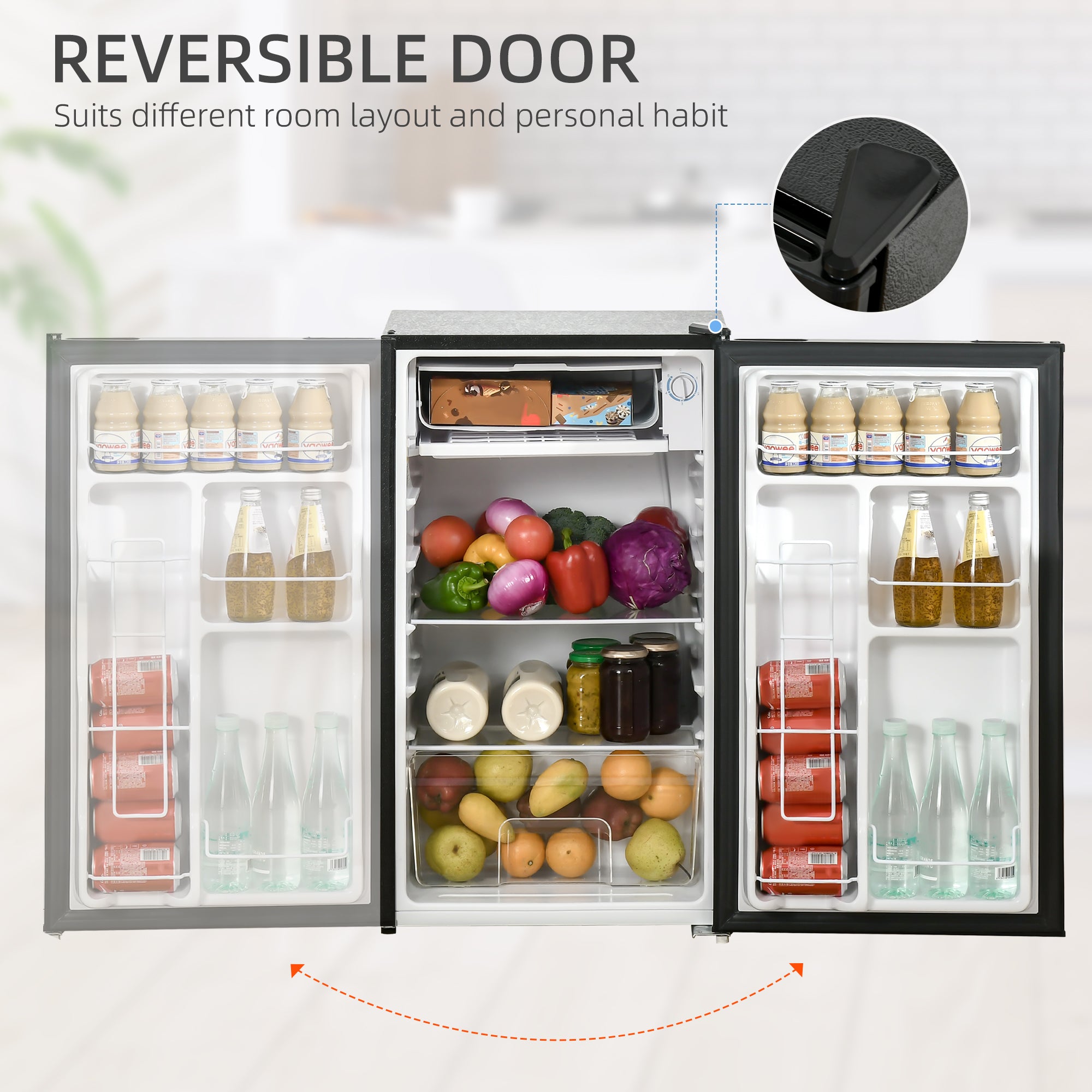 HOMCOM Mini Fridge with Freezer, 3.2 Cu. Ft. Compact Refrigerator with Adjustable Shelves, Mechanical Thermostat, Reversible Single Door for Bedroom, Dorm, Kitchen, Black
