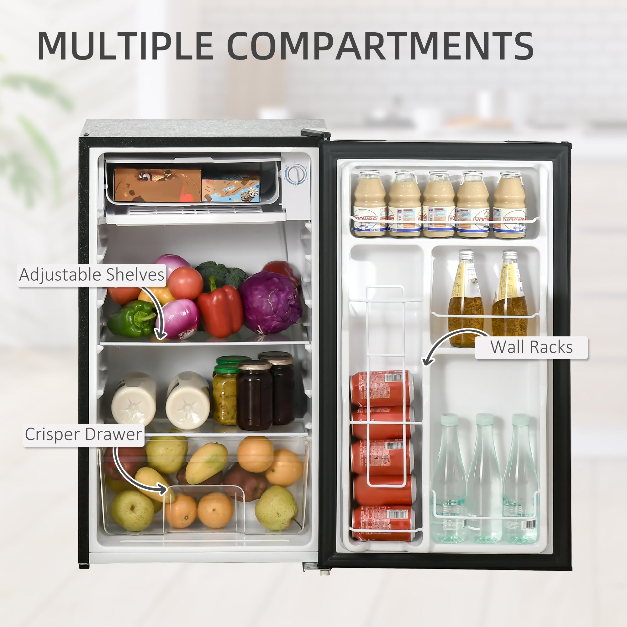 HOMCOM Mini Fridge with Freezer, 3.2 Cu. Ft. Compact Refrigerator with Adjustable Shelves, Mechanical Thermostat, Reversible Single Door for Bedroom, Dorm, Kitchen, Black