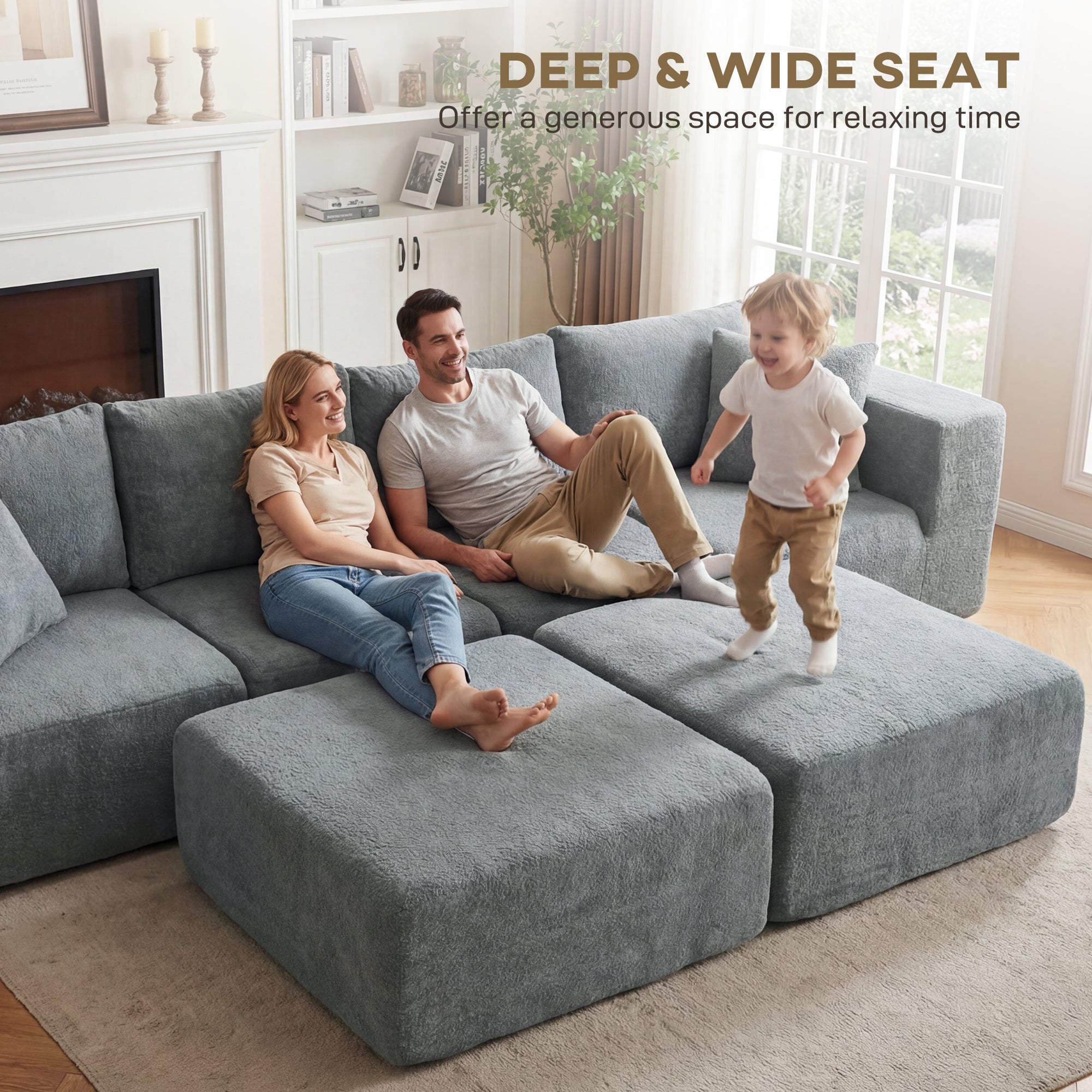 116" Modular Sectional Sofa, Boneless Sectional Couch with Wide and Deep Seat, 4 Seat U-Shape Sofa Couch with 2 Ottomans for Living Room Apartments Bedroom, No Assembly Required, Dark Gray