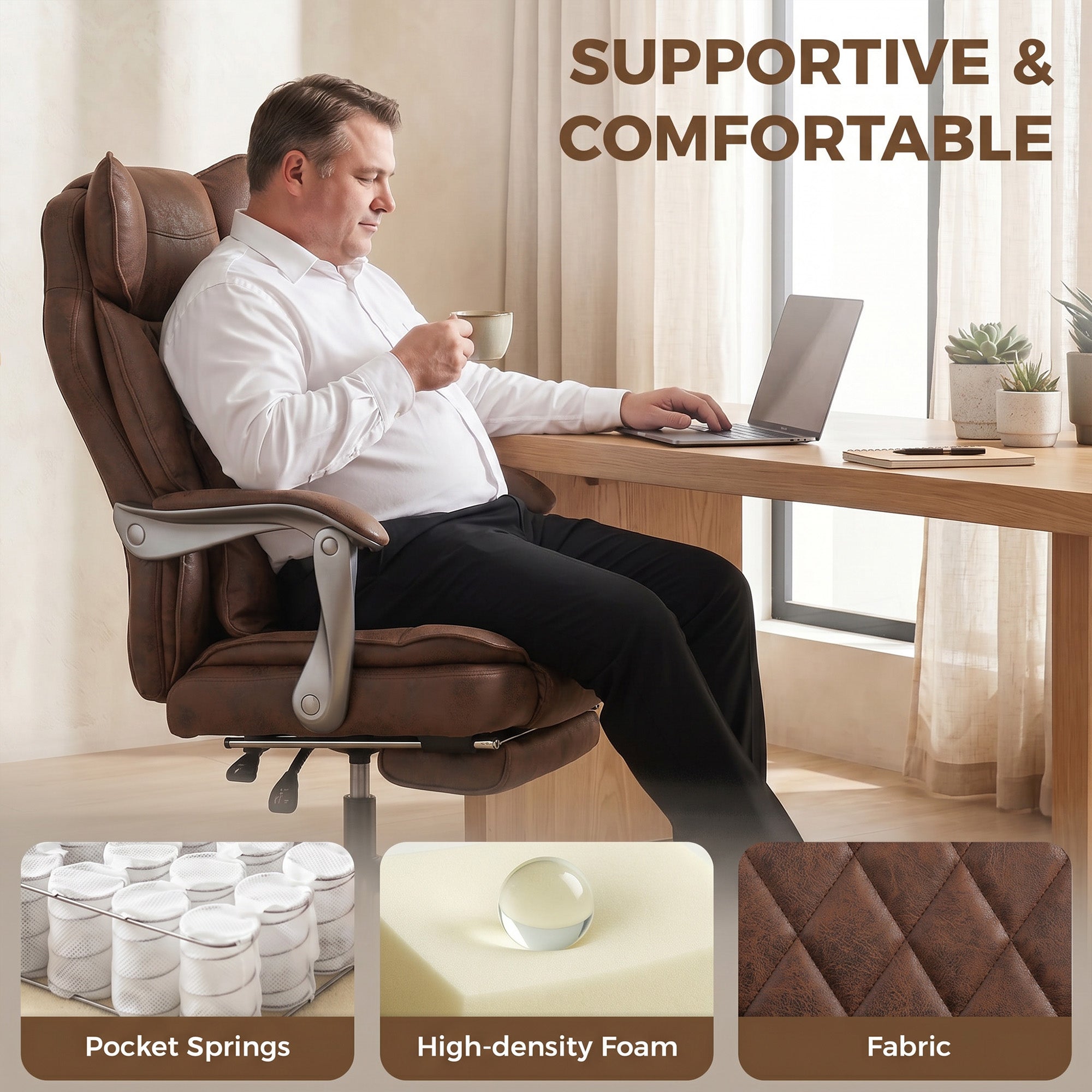 Executive Office Chair with Footrest, 180kg 400lb Big and Tall Leathaire Desk Chair with Wide Seat, Reclining Back, Lumbar Support, Built-in Headrest, Class 4 Gas Lift, Swivel Wheel, Brown