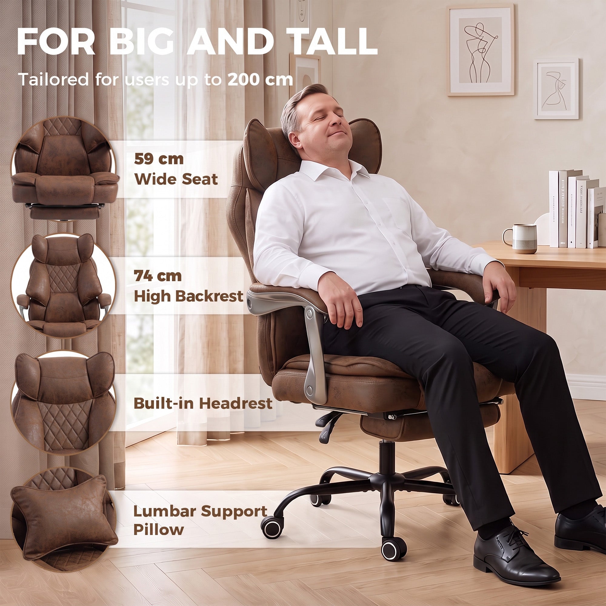 Executive Office Chair with Footrest, 180kg 400lb Big and Tall Leathaire Desk Chair with Wide Seat, Reclining Back, Lumbar Support, Built-in Headrest, Class 4 Gas Lift, Swivel Wheel, Brown