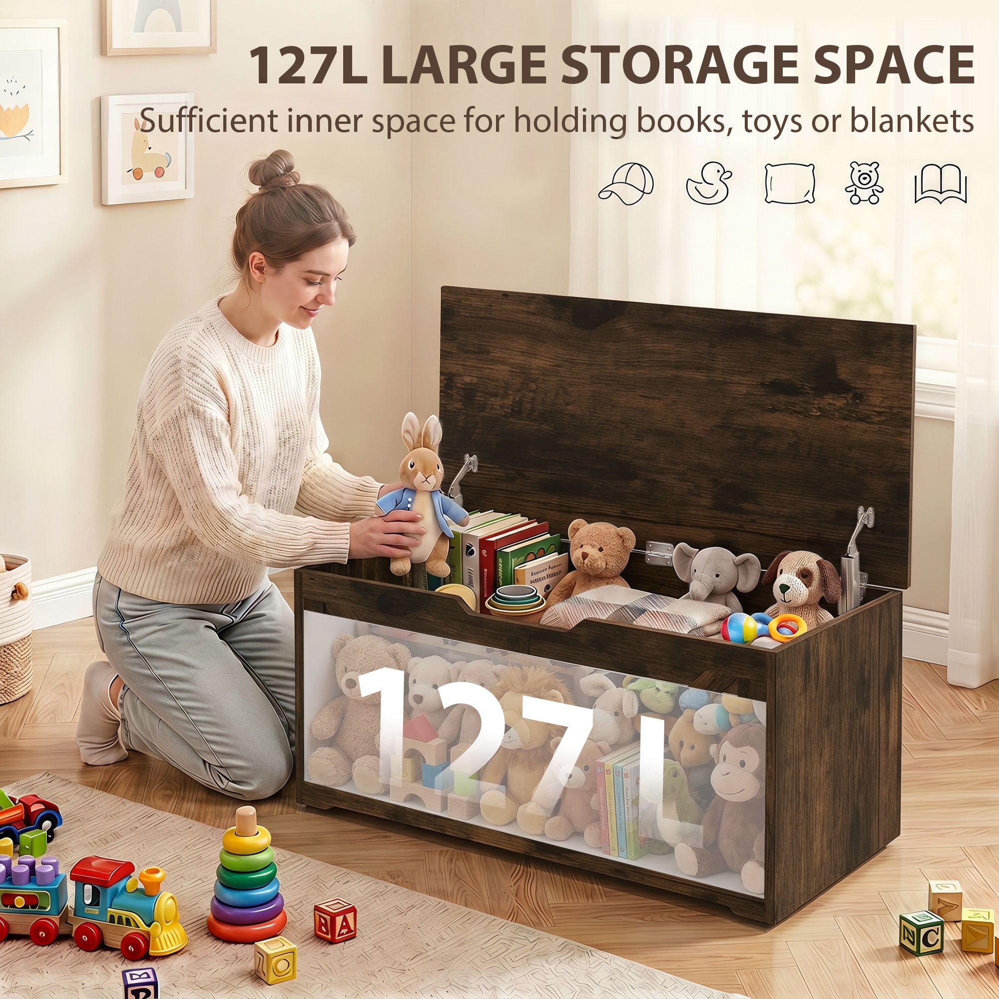 127L Storage Chest, Shoe Storage Trunk Bench Box with 2 Safety Hinges and U-shaped Cut-out Pull, Blanket Box Ottoman for Bedroom, Living Room, Entryway, 100 x 40 x 45 cm, Rustic Brown