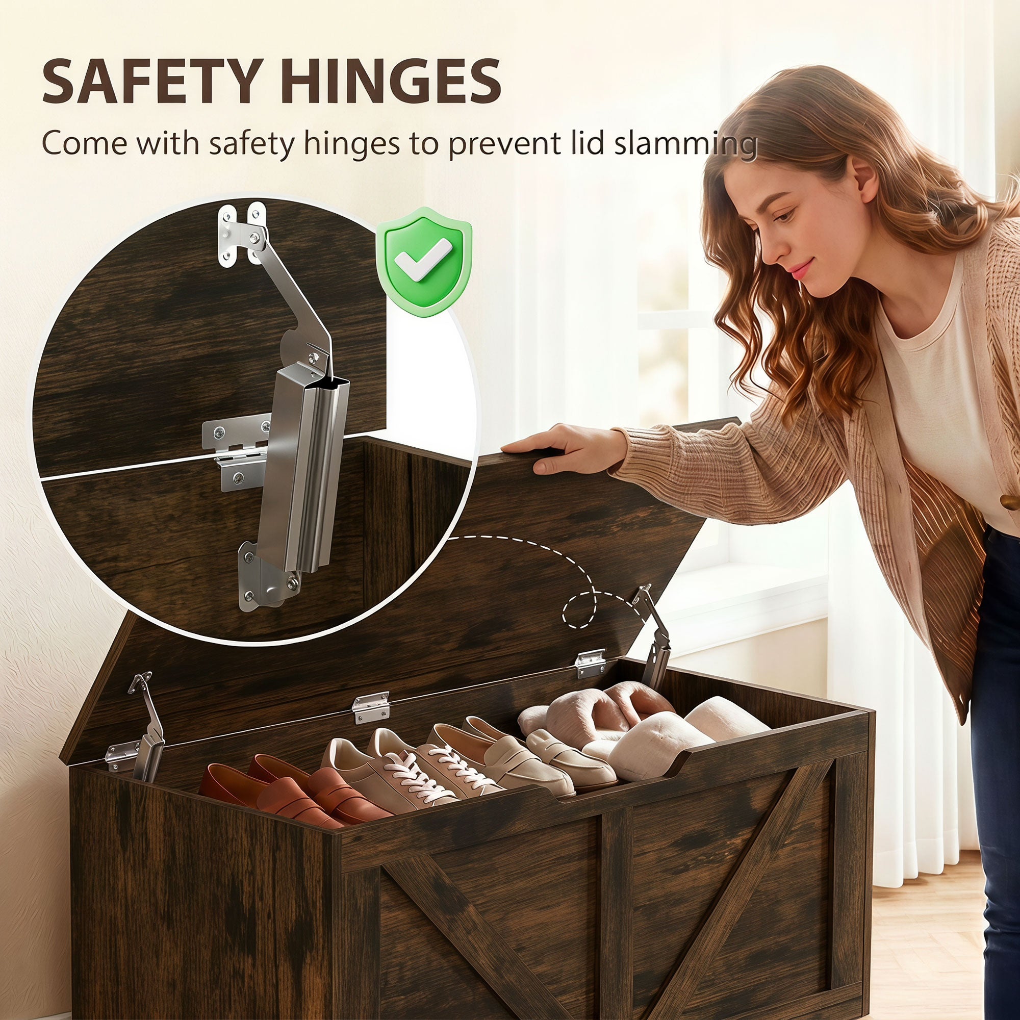 127L Storage Chest, Shoe Storage Trunk Bench Box with 2 Safety Hinges and U-shaped Cut-out Pull, Blanket Box Ottoman for Bedroom, Living Room, Entryway, 100 x 40 x 45 cm, Rustic Brown