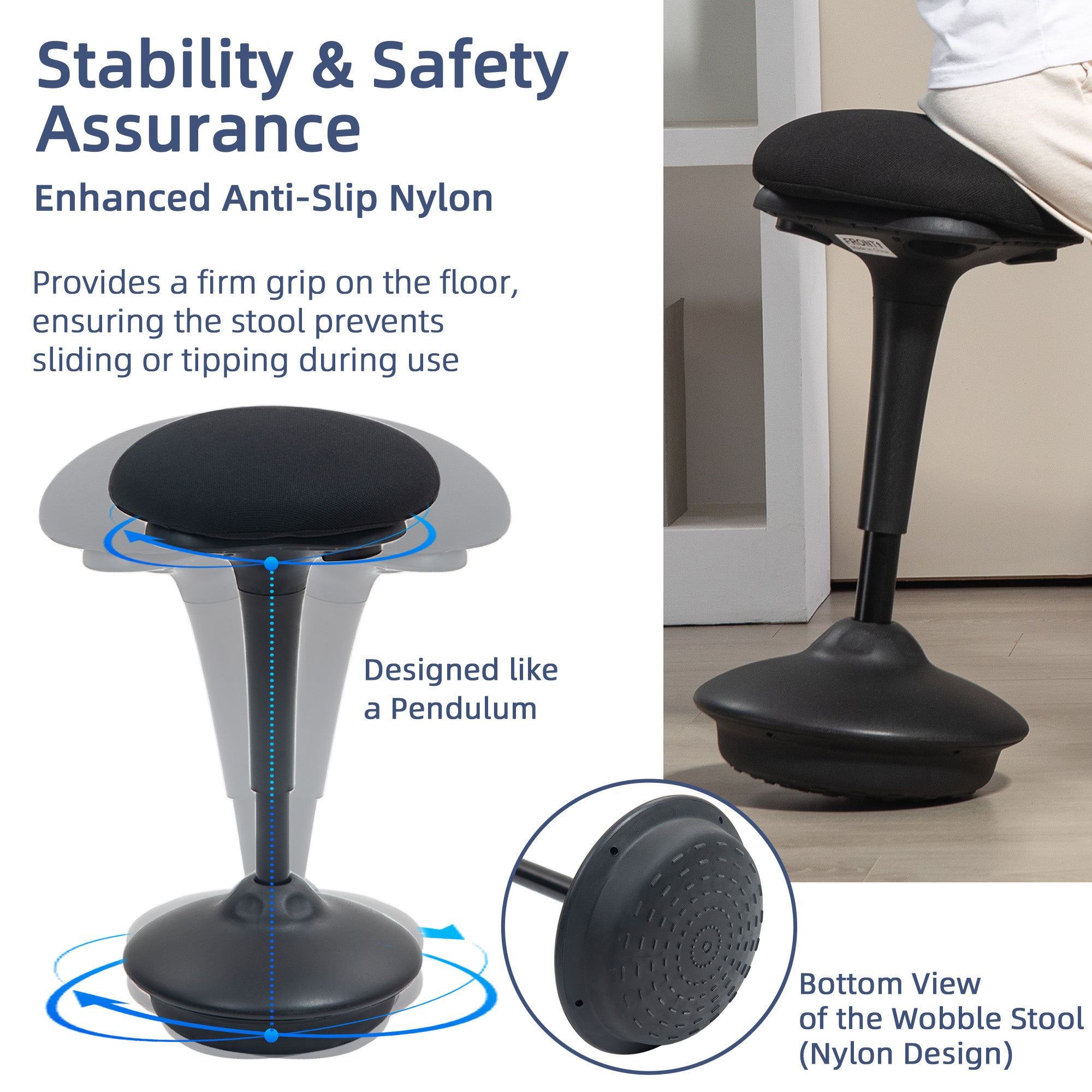 Standing Desk Chair, Backless Wobble Stool Chair, Adjustable Active Ergonomic Standing Stool with Rocking Motion, Non-Slip Swivel Base for Office Home, Black