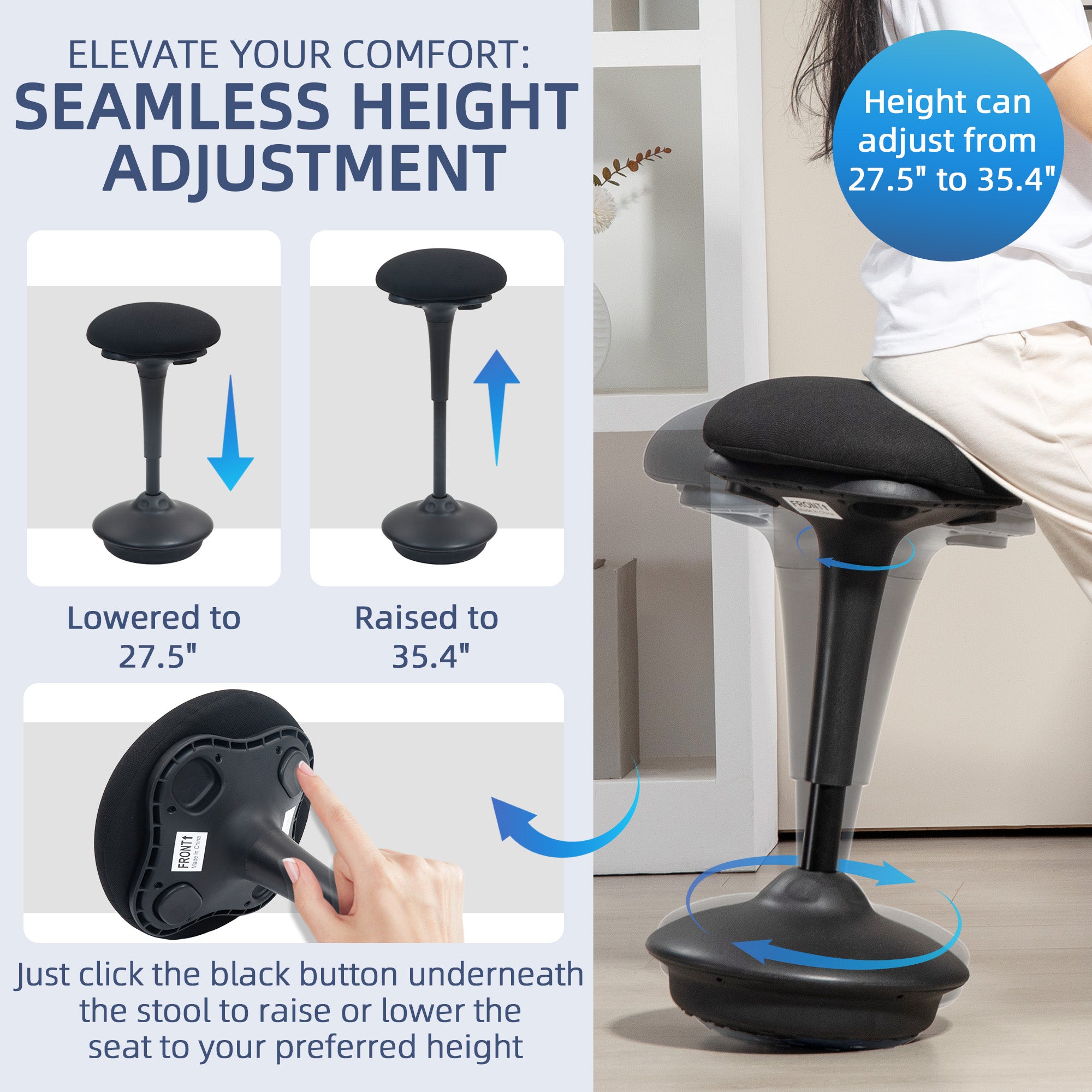 Standing Desk Chair, Backless Wobble Stool Chair, Adjustable Active Ergonomic Standing Stool with Rocking Motion, Non-Slip Swivel Base for Office Home, Black