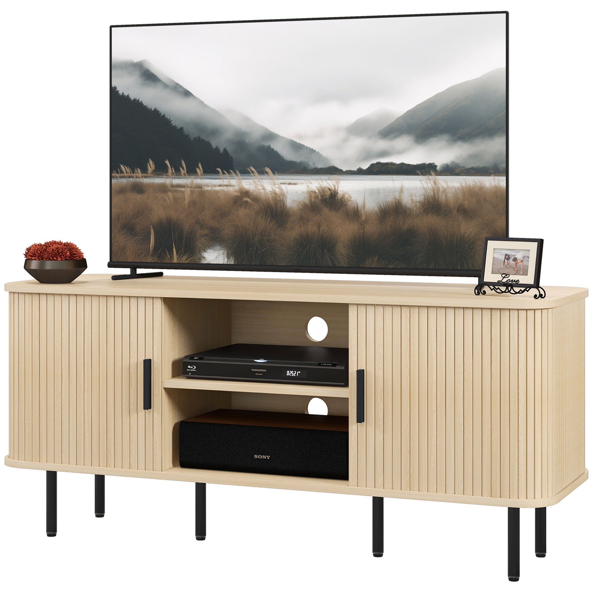 HOMCOM TV Stand Cabinet for TVs up to 55 Inches, TV Unit with Storage Shelves and Cupboard for Living Room, Oak Tone