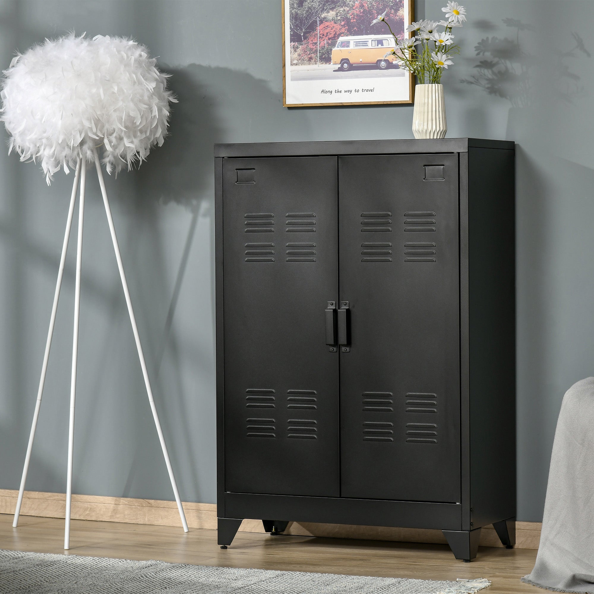 Industrial Storage Cabinet Steel Garage Cabinet with Double Doors and Adjustable Shelves Black