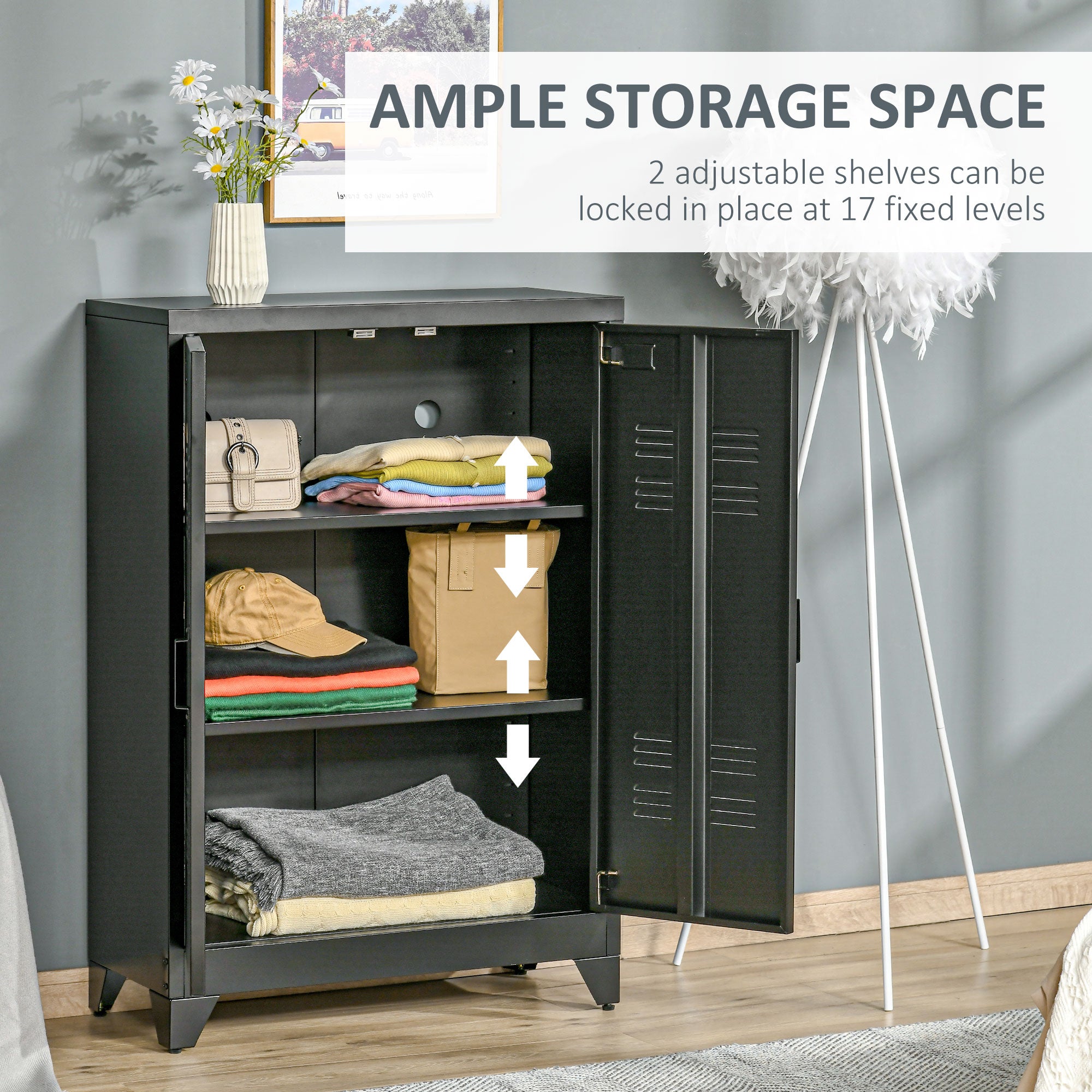 Industrial Storage Cabinet Steel Garage Cabinet with Double Doors and Adjustable Shelves Black