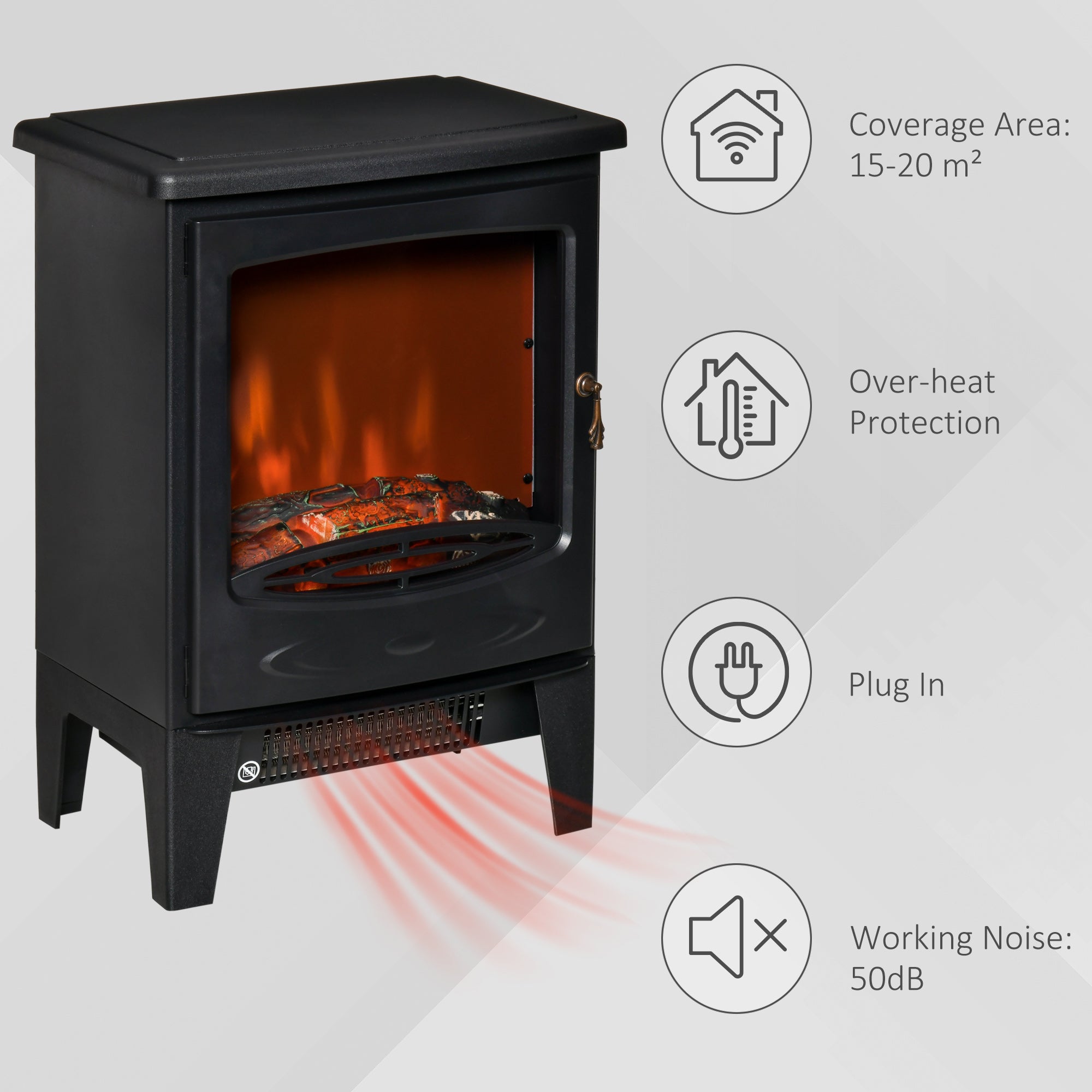 Electric Fireplace Stove, Free standing Fireplace Heater with Realistic LED Flame Effect, Overheat Safety Protection, 900W/1800W, Black