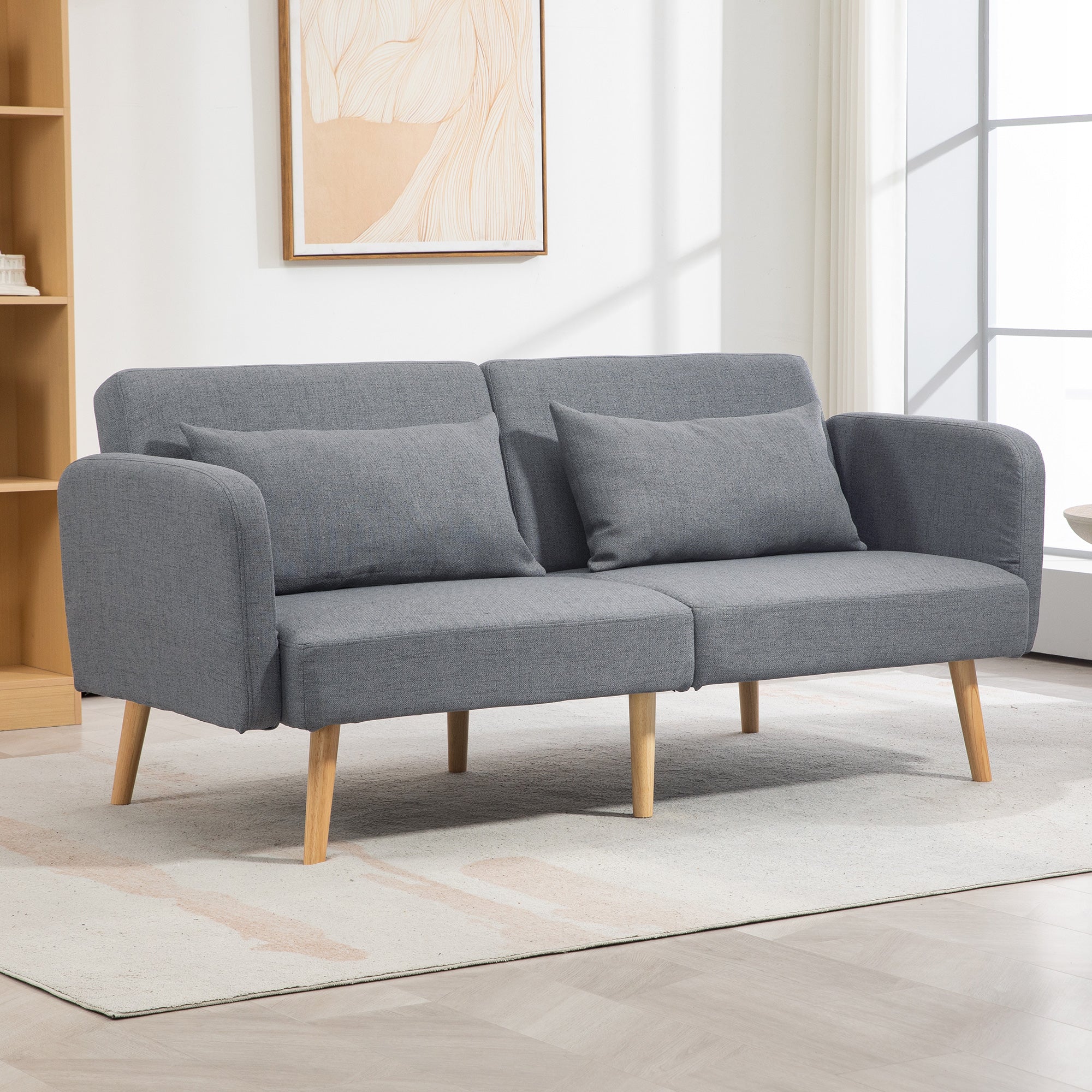 HOMCOM 3 Seater Sofa, 2 Seater Sofa Bed, Convertible Bed Settee, Modern Fabric Loveseat Sofa Couch with 2 Cushions for Living Room, Guest Room, Grey