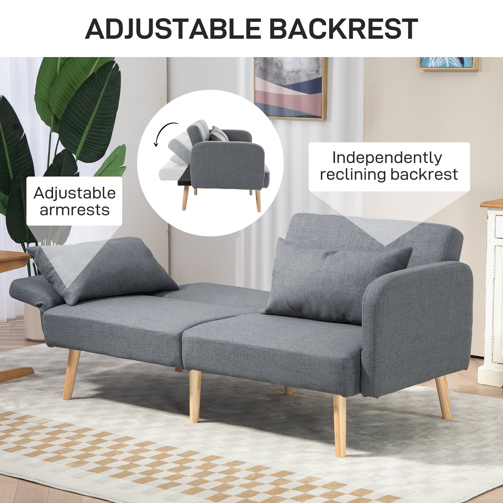 HOMCOM 3 Seater Sofa, 2 Seater Sofa Bed, Convertible Bed Settee, Modern Fabric Loveseat Sofa Couch with 2 Cushions for Living Room, Guest Room, Grey