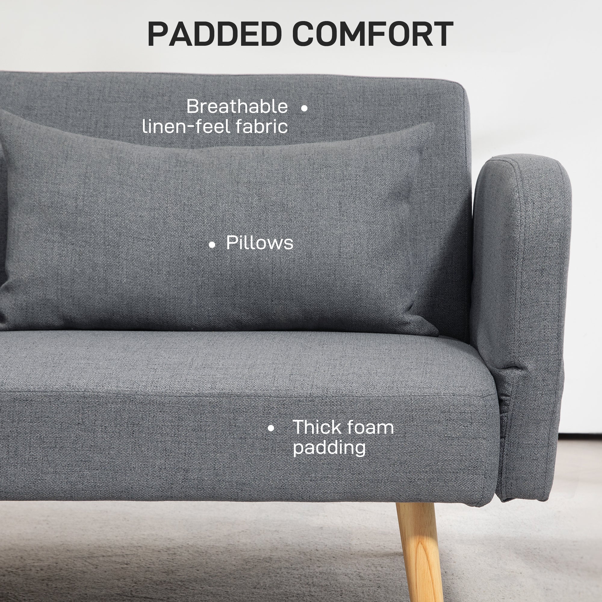 HOMCOM 3 Seater Sofa, 2 Seater Sofa Bed, Convertible Bed Settee, Modern Fabric Loveseat Sofa Couch with 2 Cushions for Living Room, Guest Room, Grey