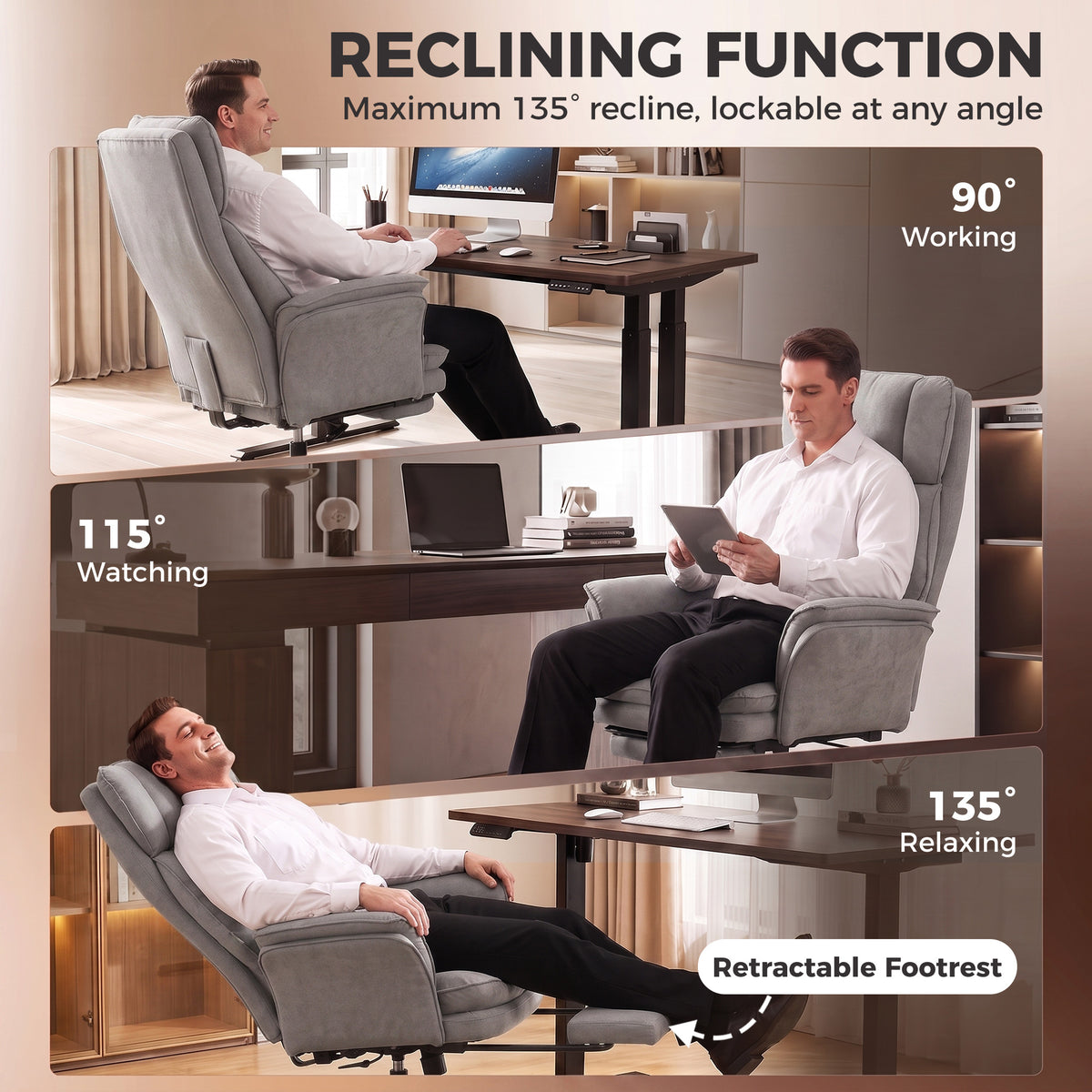 Cross Legged Office Chair with Footrest, 396 lbs Reclining Computer Desk Chair with High Back, Flip-up Armrests, Adjustable Height, Thick Cushion, Rocking Function, Grey