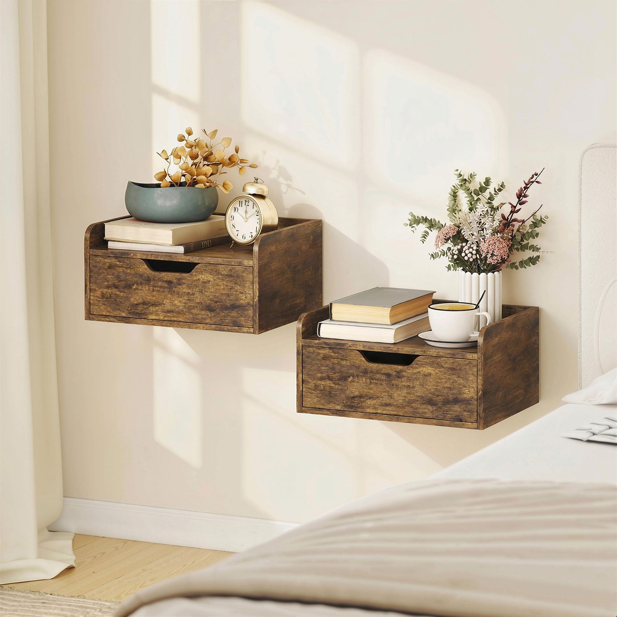Floating Nightstands Set of 2, Wall Mounted Bedside Table with Storage Drawer for Bedroom, Rustic Brown