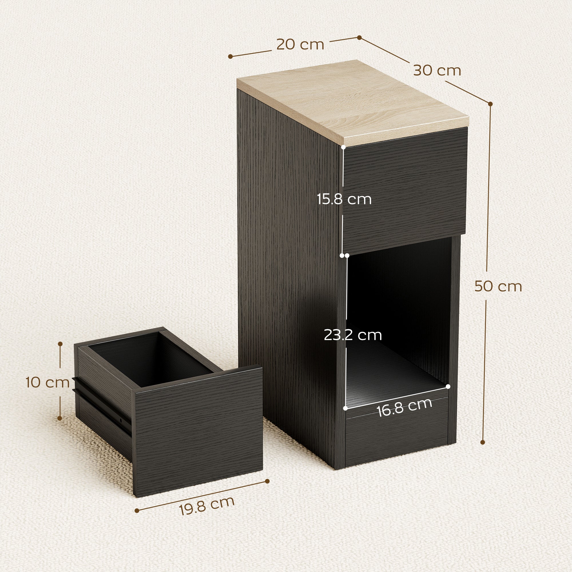 Bedside Tables Set of 2, Modern Side Tables with Drawer and Shelf, Nightstands for Bedroom, Living Room, Black