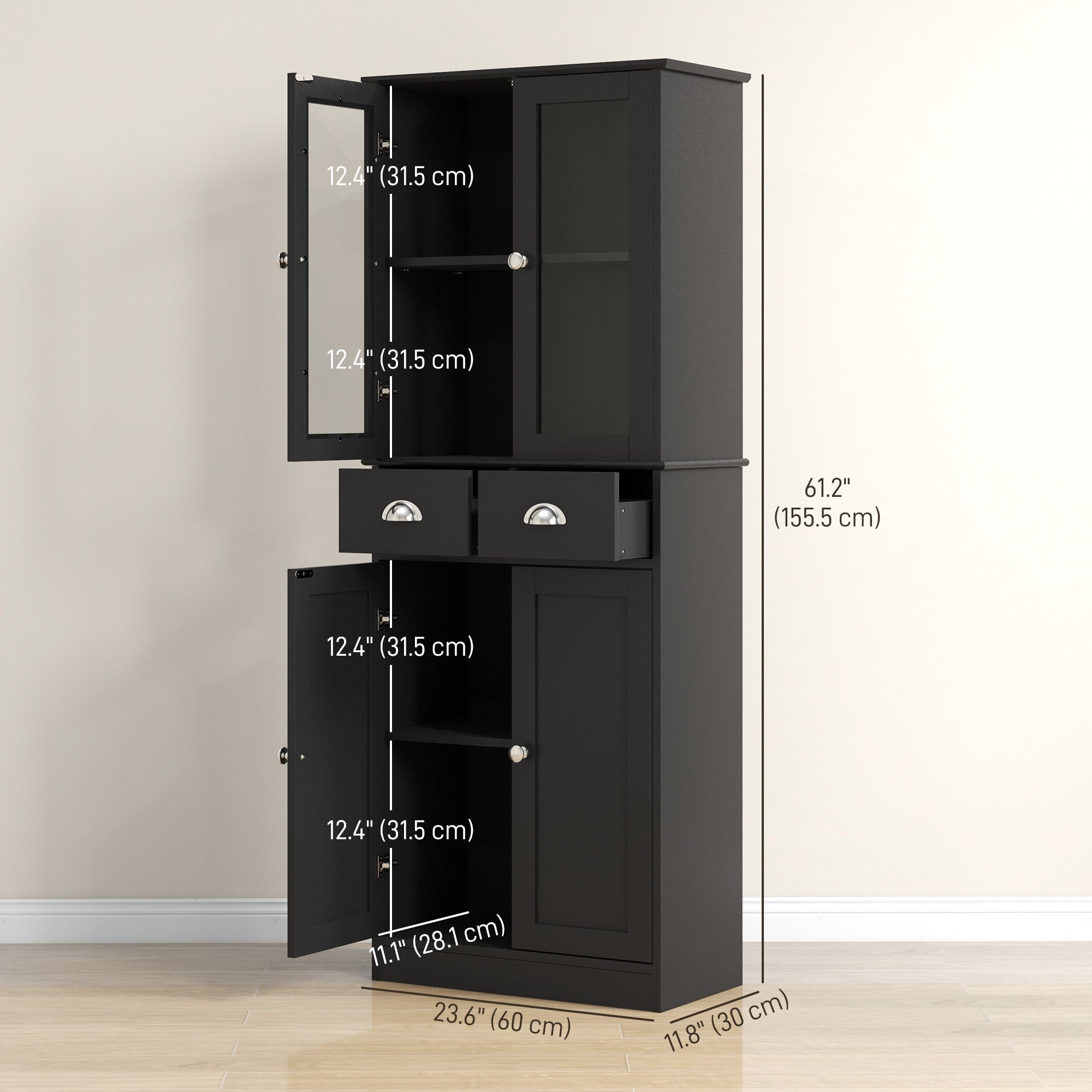 HOMCOM 61" Kitchen Pantry Cabinet, Freestanding Farmhouse Storage Cabinet with Soft Close Glass Doors and Adjustable Shelves, Black