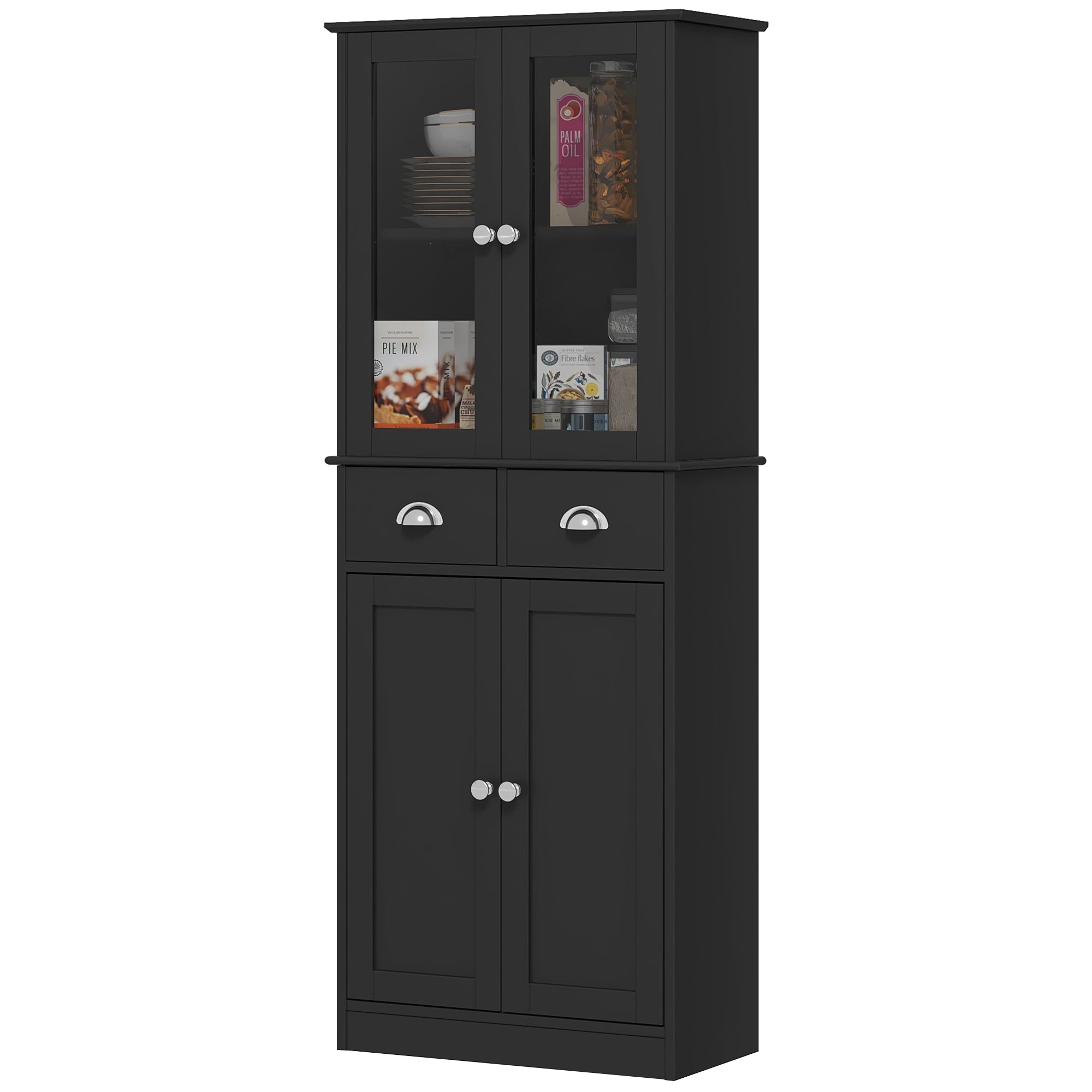 HOMCOM 61" Kitchen Pantry Cabinet, Freestanding Farmhouse Storage Cabinet with Soft Close Glass Doors and Adjustable Shelves, Black