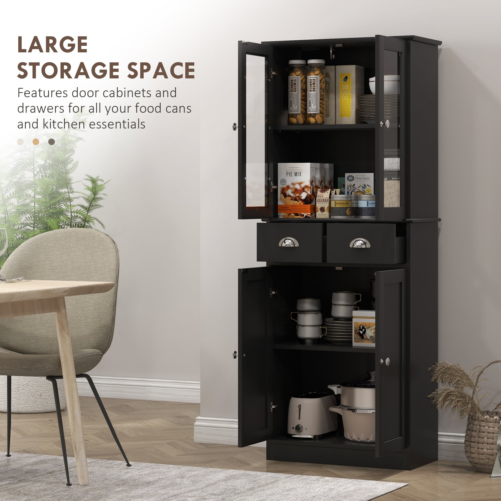 HOMCOM 61" Kitchen Pantry Cabinet, Freestanding Farmhouse Storage Cabinet with Soft Close Glass Doors and Adjustable Shelves, Black