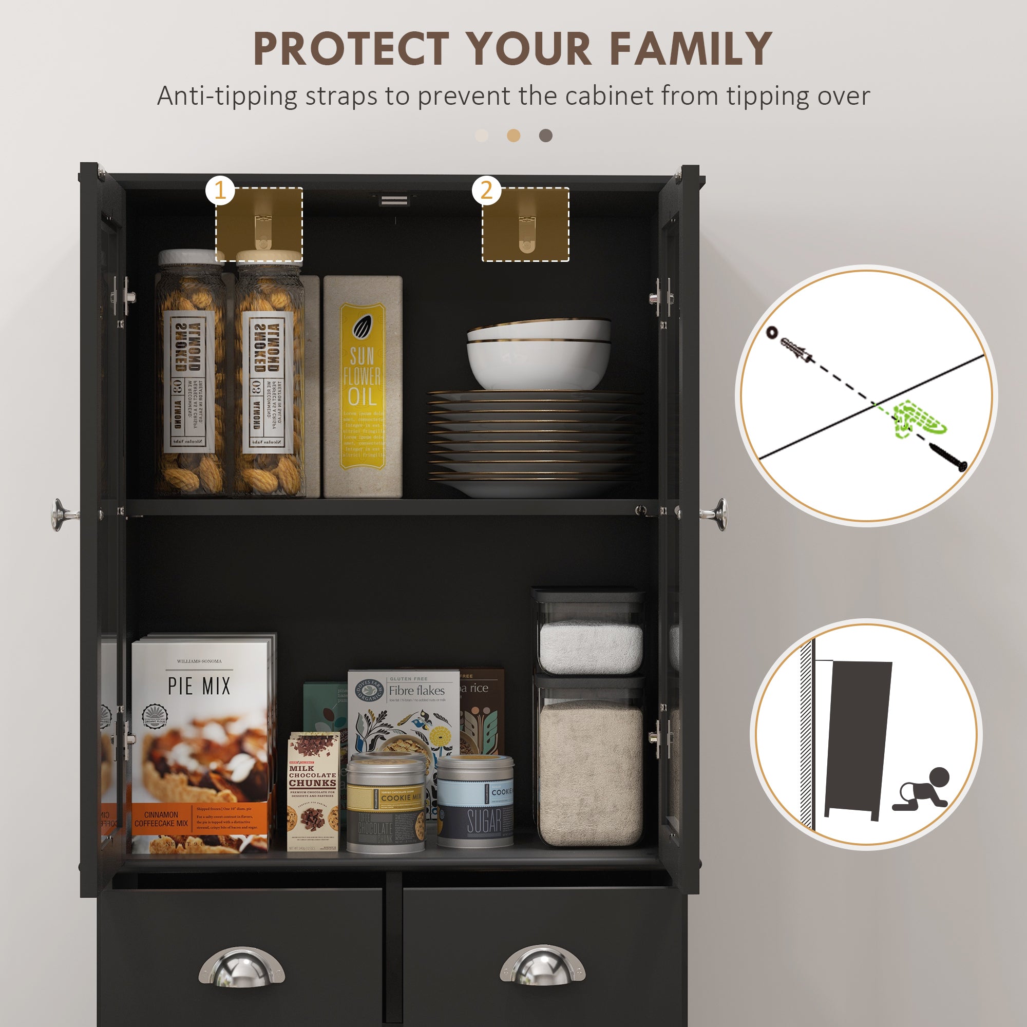 HOMCOM 61" Kitchen Pantry Cabinet, Freestanding Farmhouse Storage Cabinet with Soft Close Glass Doors and Adjustable Shelves, Black