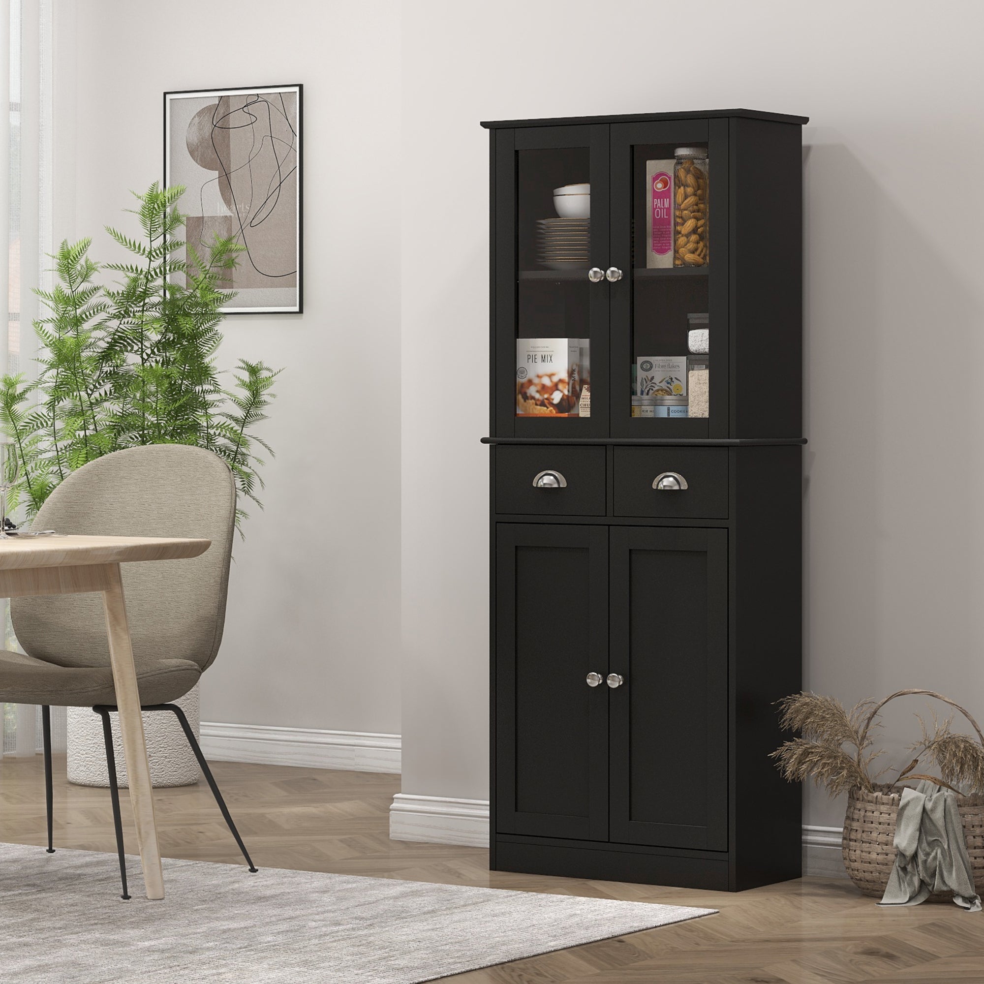 HOMCOM 61" Kitchen Pantry Cabinet, Freestanding Farmhouse Storage Cabinet with Soft Close Glass Doors and Adjustable Shelves, Black