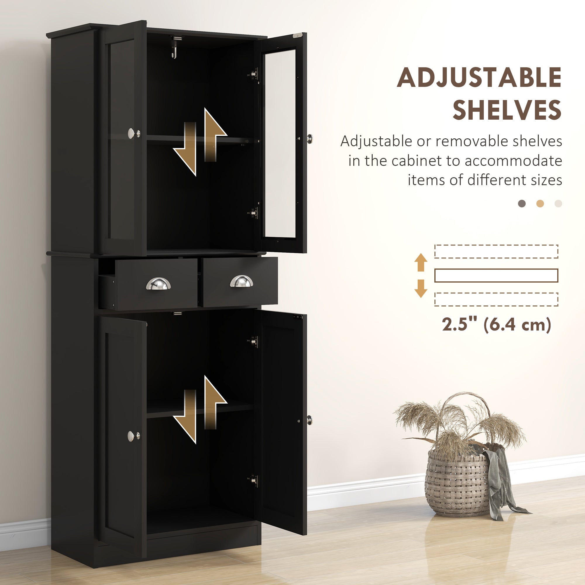 HOMCOM 61" Kitchen Pantry Cabinet, Freestanding Farmhouse Storage Cabinet with Soft Close Glass Doors and Adjustable Shelves, Black