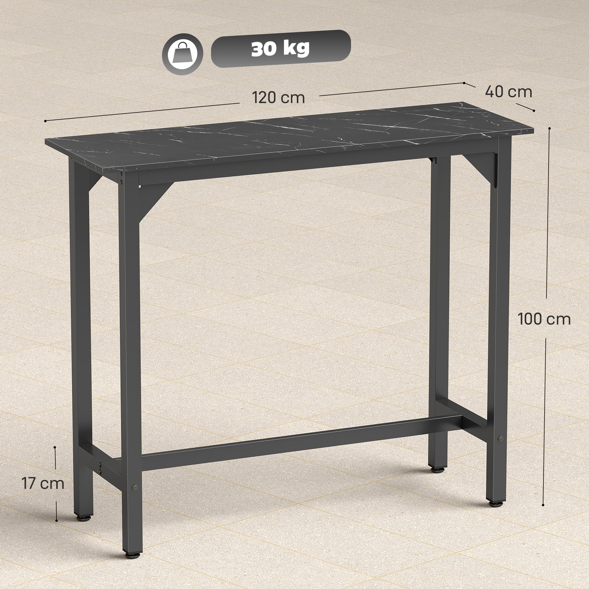 Rectangular Bar Table, Marble Effect Pub Coffee Table with Adjustable Footpads, Metal Frame, for Small Space, Breakfast Dining, Kitchen, Living Room, Industrial, Black Marble Effect