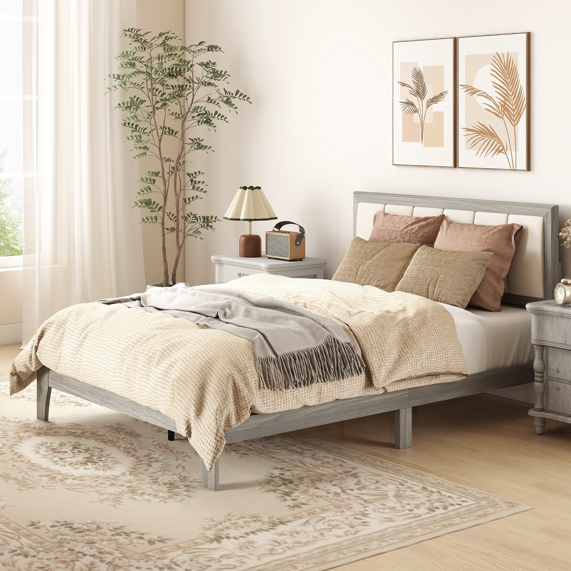 Full Size Bed Frame with Upholstered Headboard, Platform Bed Frame with Wooden Slats, No Box Spring Needed, Easy Assembly, Gray