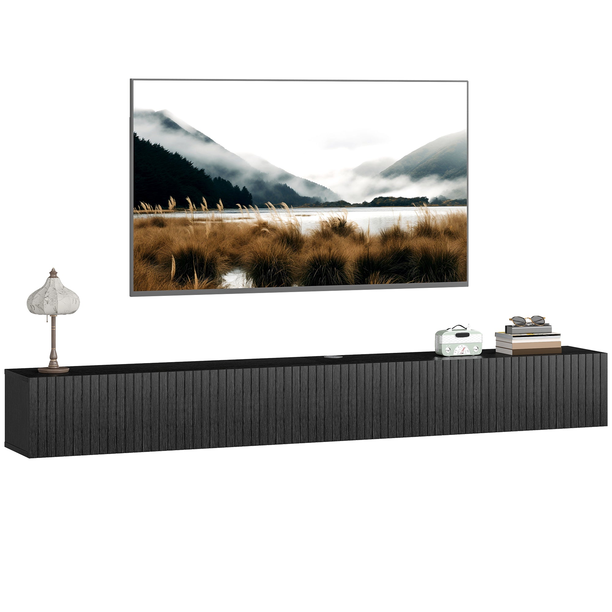 Floating TV Unit for Television up to 72 Inch, 180cm Wall Mount TV Stand Cabinet with Fluted Flip-Down Doors, Cable Management Hole, Entertainment Media Console for Living Room, Bedroom, Black