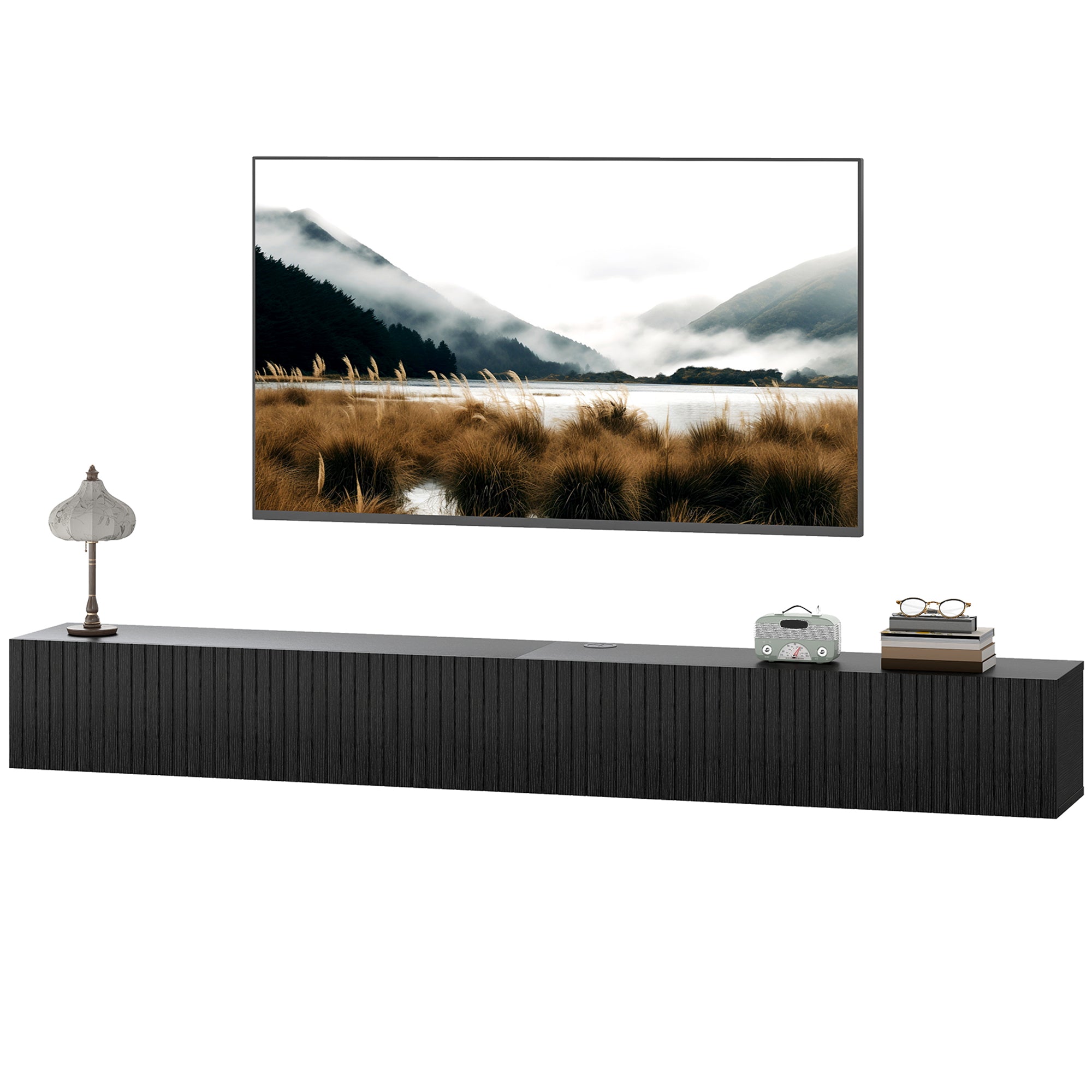 Floating TV Unit for Television up to 72 Inch, 180cm Wall Mount TV Stand Cabinet with Fluted Flip-Down Doors, Cable Management Hole, Entertainment Media Console for Living Room, Bedroom, Black