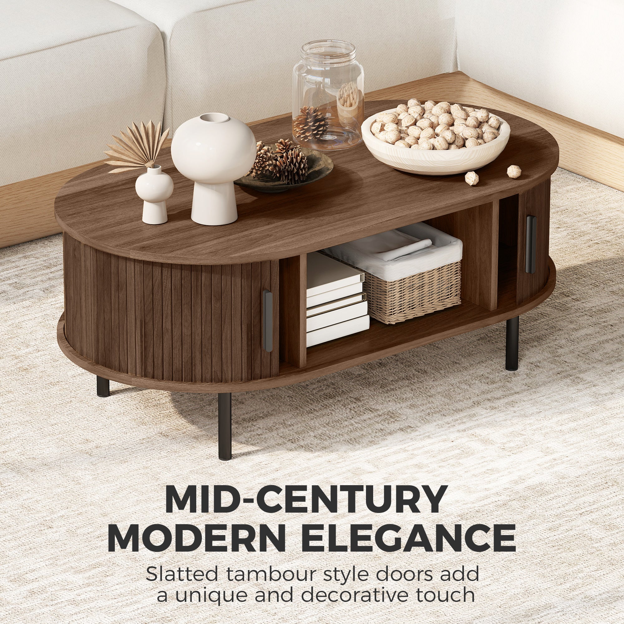 Mid-Century Modern Coffee Table, Center Table for Living Room with Storage, Sliding Tambour Doors, Rounded Edges and Metal Legs, Brown
