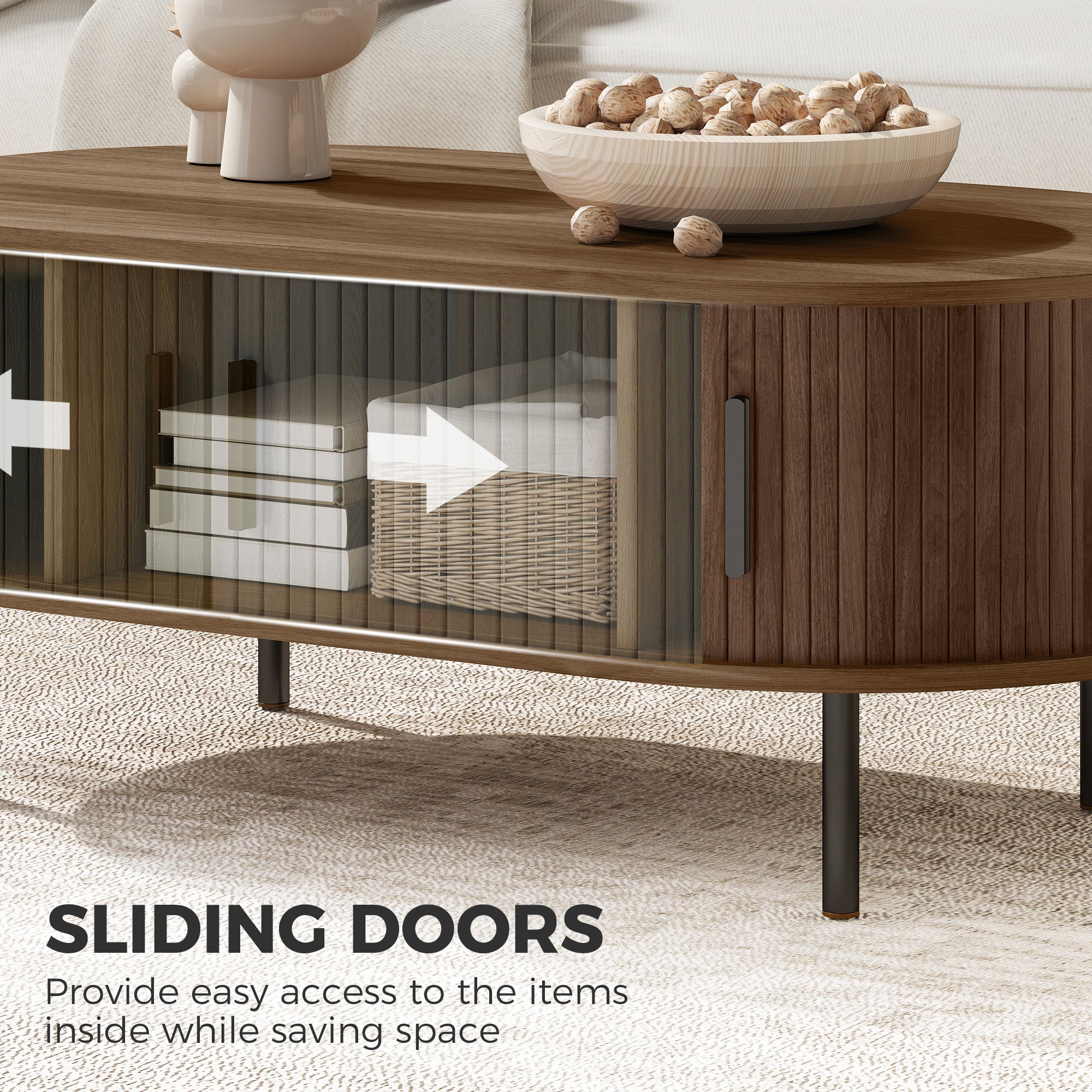 Mid-Century Modern Coffee Table, Center Table for Living Room with Storage, Sliding Tambour Doors, Rounded Edges and Metal Legs, Brown