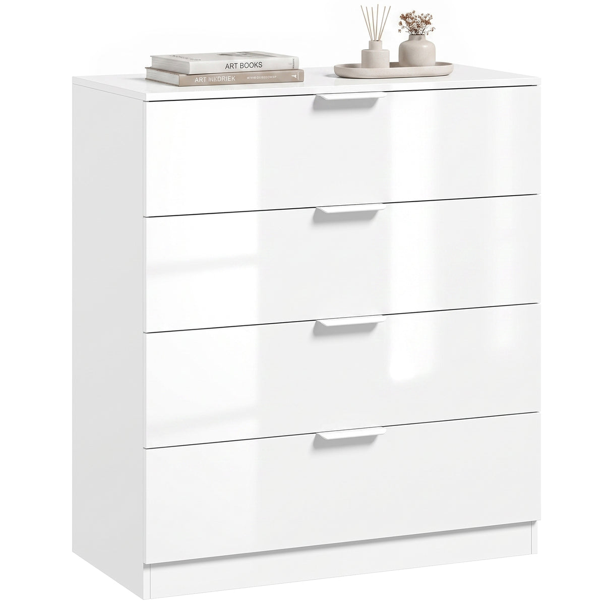 High Gloss Chest of Drawers with 4 Drawers, Modern Space-Saving Bedroom Storage Unit with Smooth Runners, Wooden Cupboard for Living Room, Office, Hallway, 70 x 34 x 79 cm, White