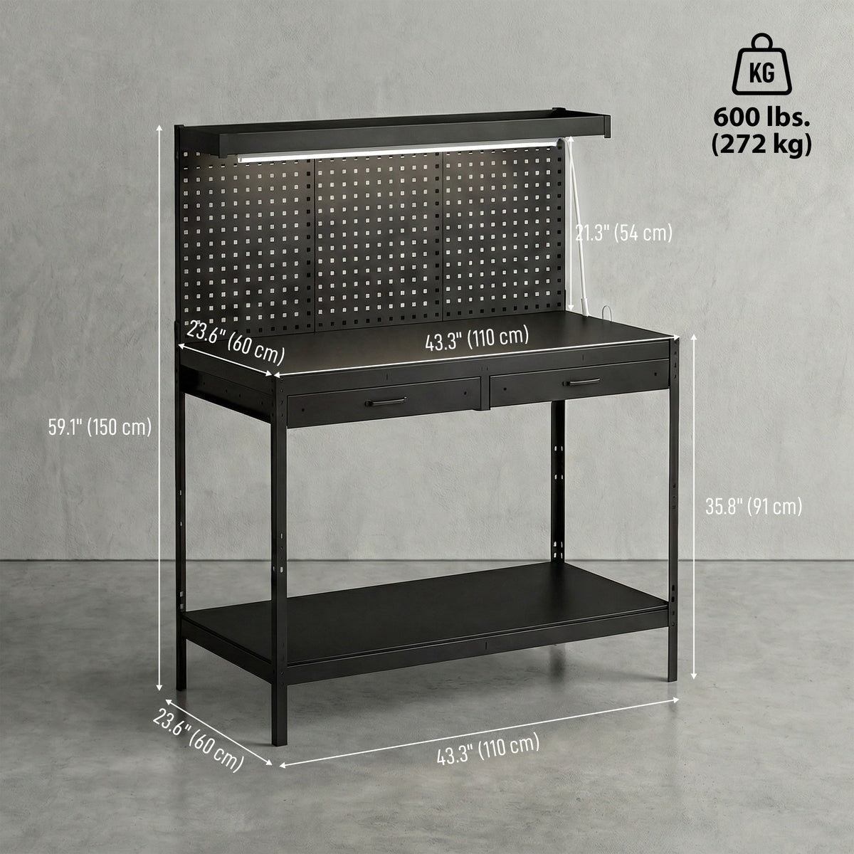 Workbench with Pegboard, Heavy Duty Work Table with Power Strip and LED Light, 43" x 24"  Workstation with 2 Drawers and Shelf, 600 lbs. Capacity for Garage Workshop, Black